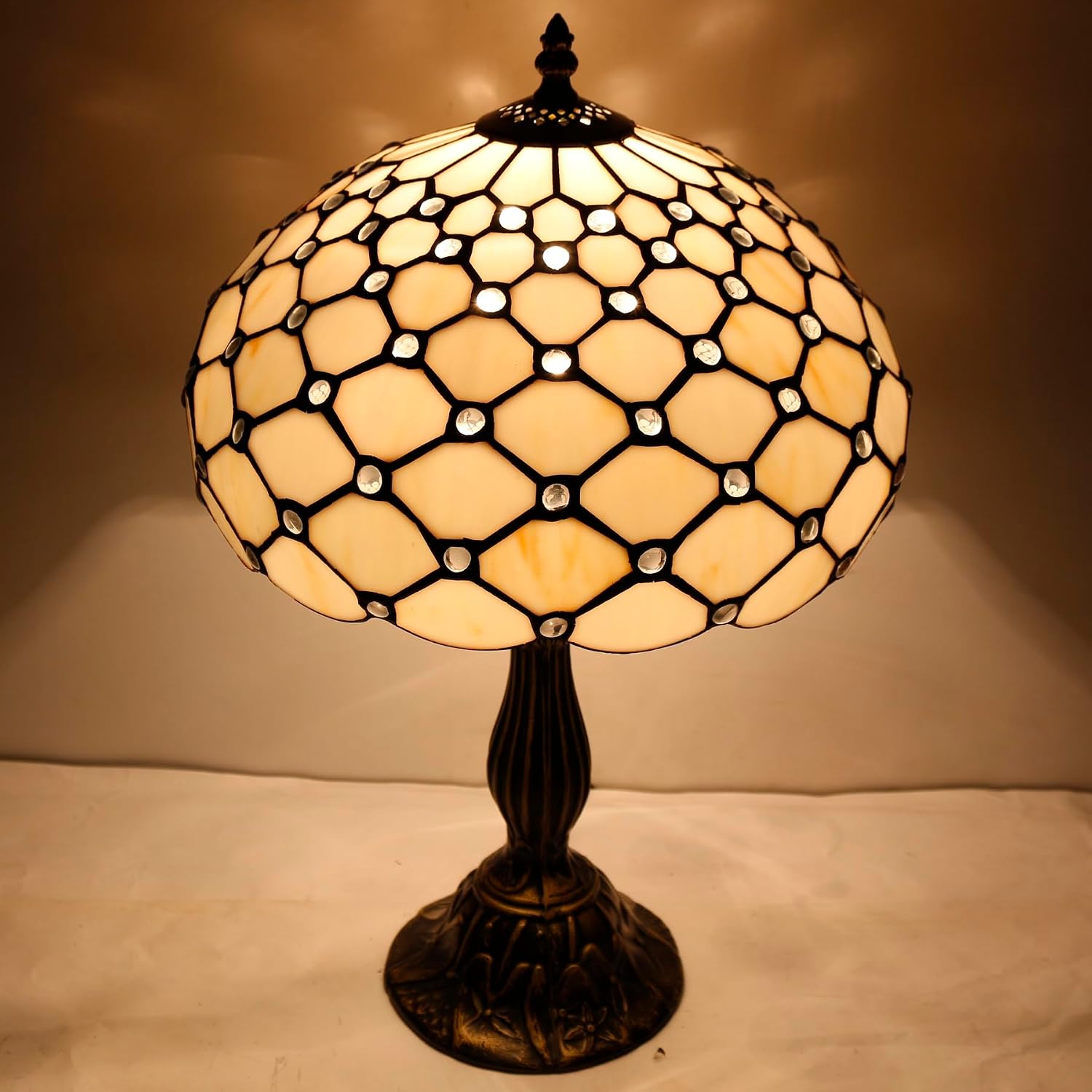 WERFACTORY Tiffany Lamp Cream Amber Stained Glass Bead Table Lamp Desk Bedside Reading Light 12X12X18 Inches Deco Bedroom Living Room…