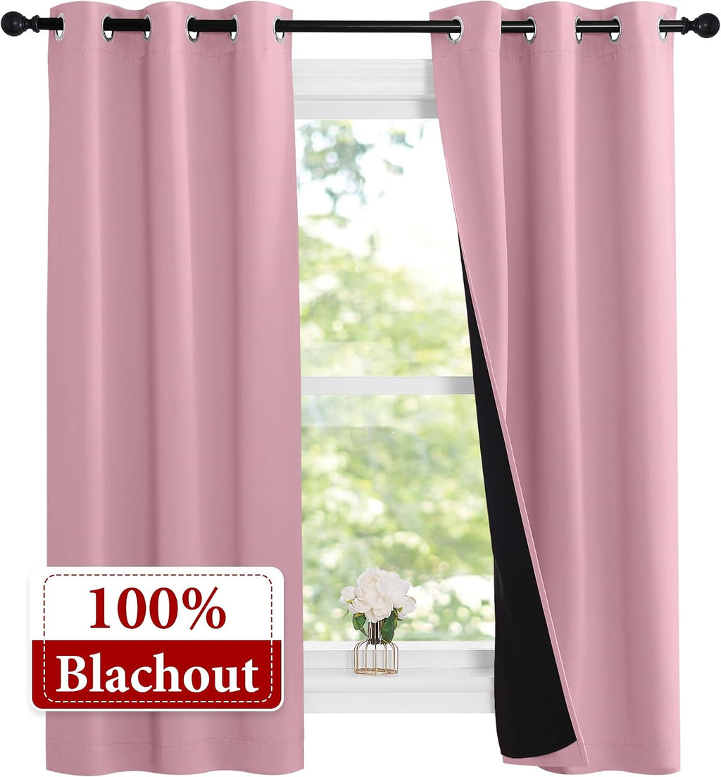 Nicetown 100% Blackout Short Curtains with Black Liners, 2 Panels, 37"W by 63"L, Crystal Pink, Solid Thermal Insulated Full Blackout 2-Laye…