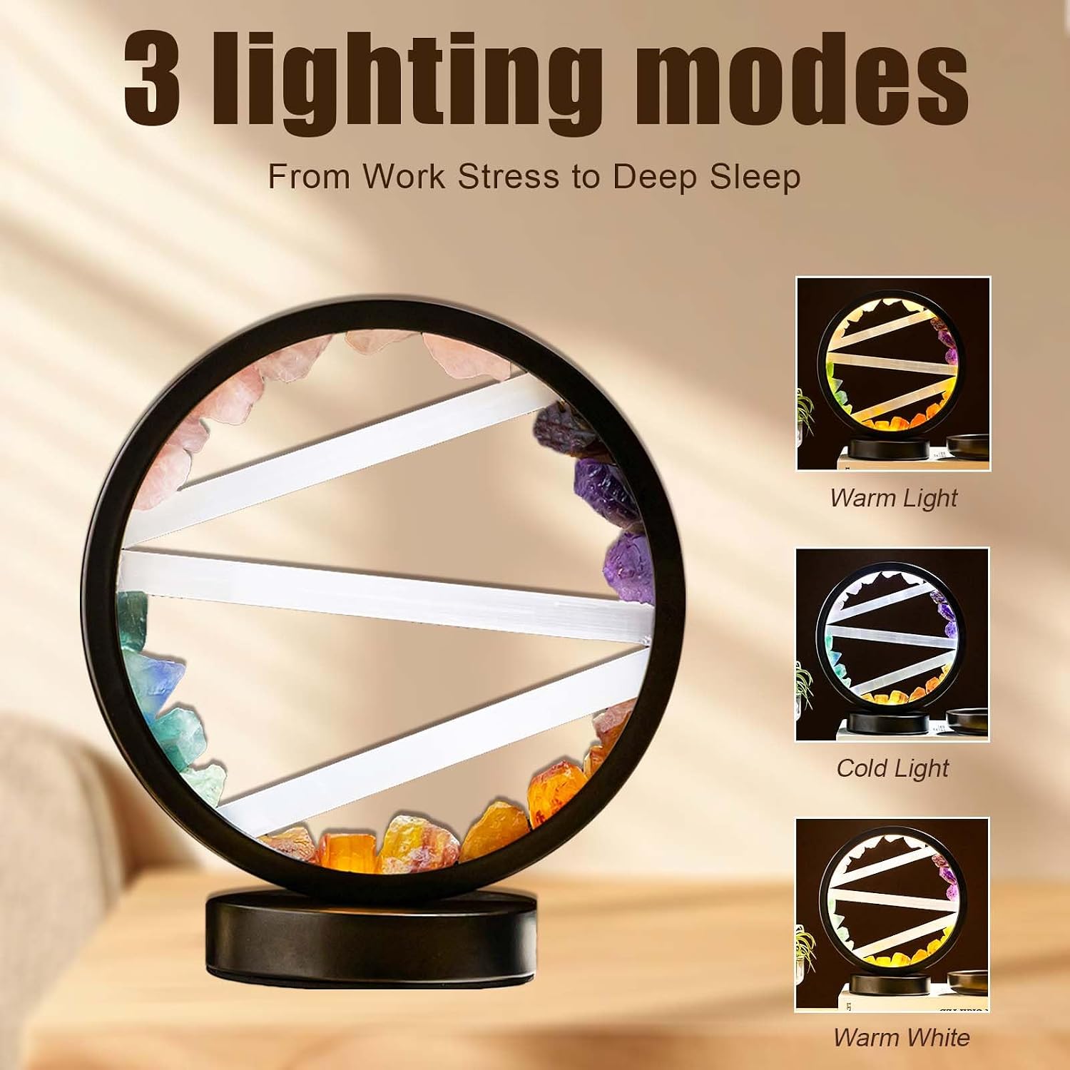 Runyangshi Crystal Table Lamp Night Light Natural Selenite & Colour Crystal Raw Stone Bedside Lamp with 3 Adjustable Light Colours Suitable…