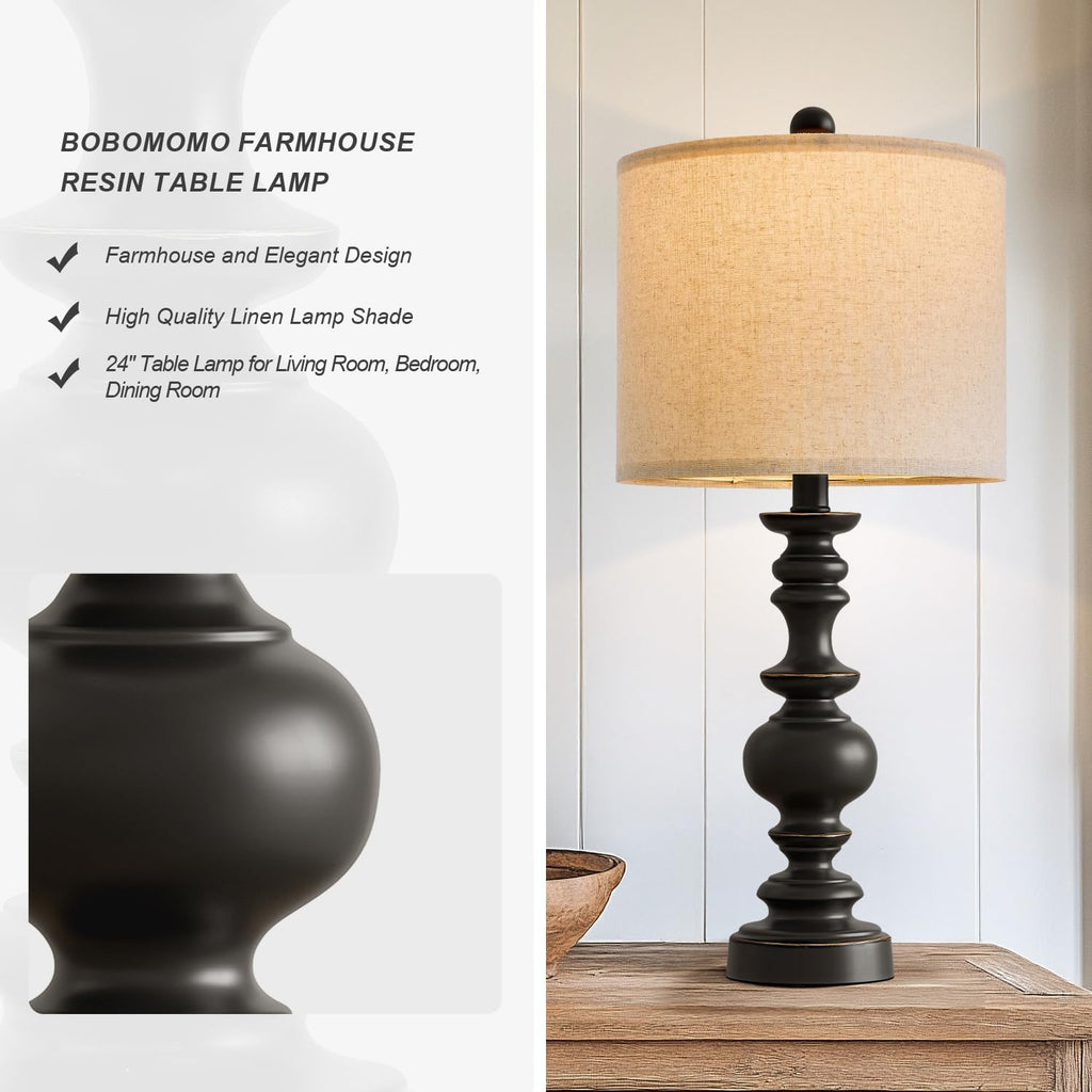 BOBOMOMO 24" Traditional Farmhouse Table Lamp Set of 2, Vintage Resin Lamps for Living Room Bedroom, Rustic Nightstand Lamp with Linen…