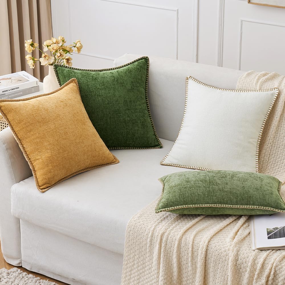Miulee Pack of 2 Couch Pillow Covers 22x22 Inch Moss Green Farmhouse Decorative Throw Pillow Covers with Stitched Edge Soft Chenille Solid…