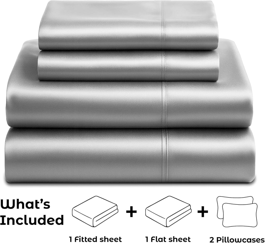 PureBedding Satin Sheets Queen [4-Piece, Grey] Hotel Luxury Silky Bed Sheets - Extra Soft 1800 Microfiber Sheet Set, Wrinkle, Fade, Stain R…