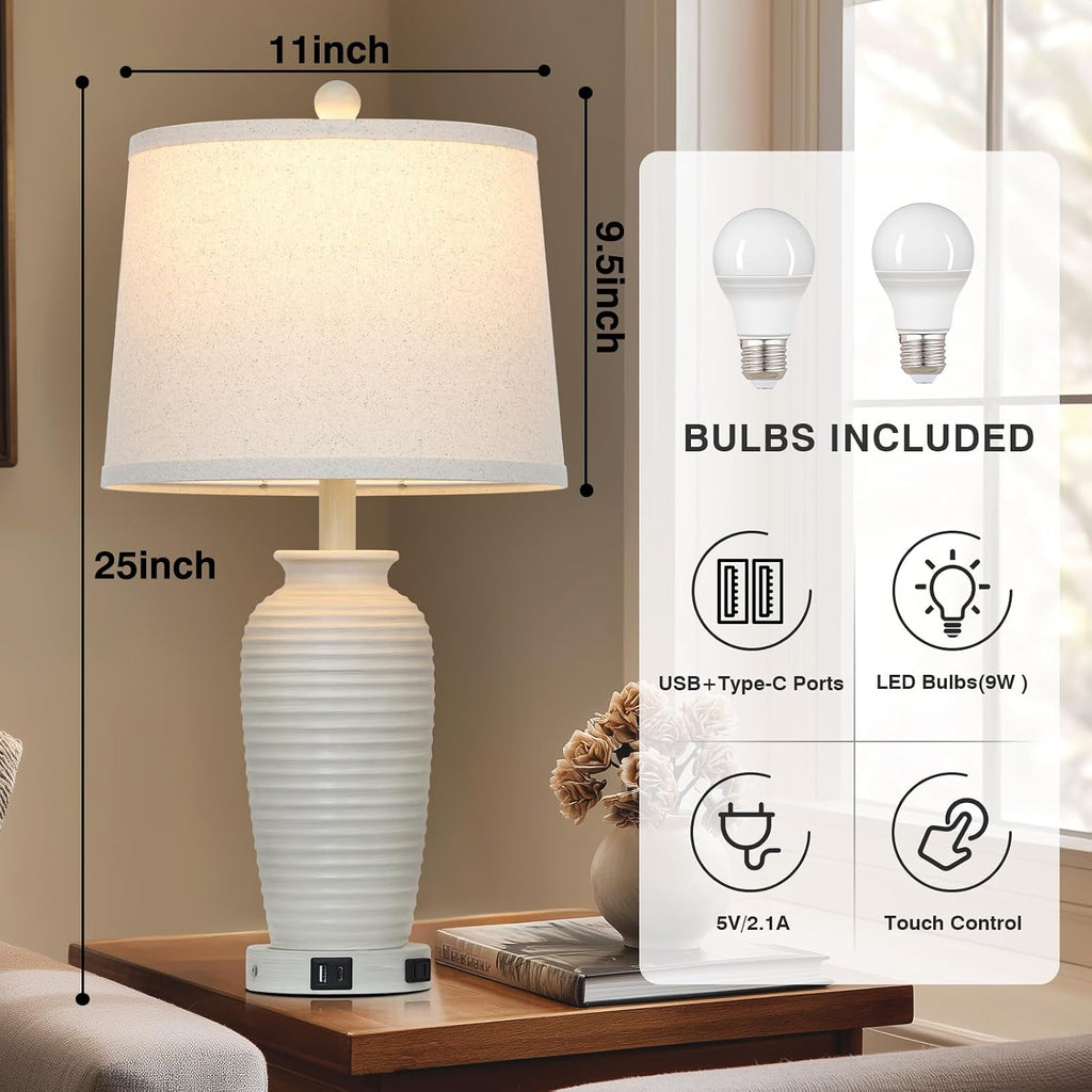 CINSARY 25" Vintage Farmhouse Jar Table Lamps, Single Rustic Bedside Lamp with USB A+C Ports & AC Outlet, Nightstand Lamps for Living…