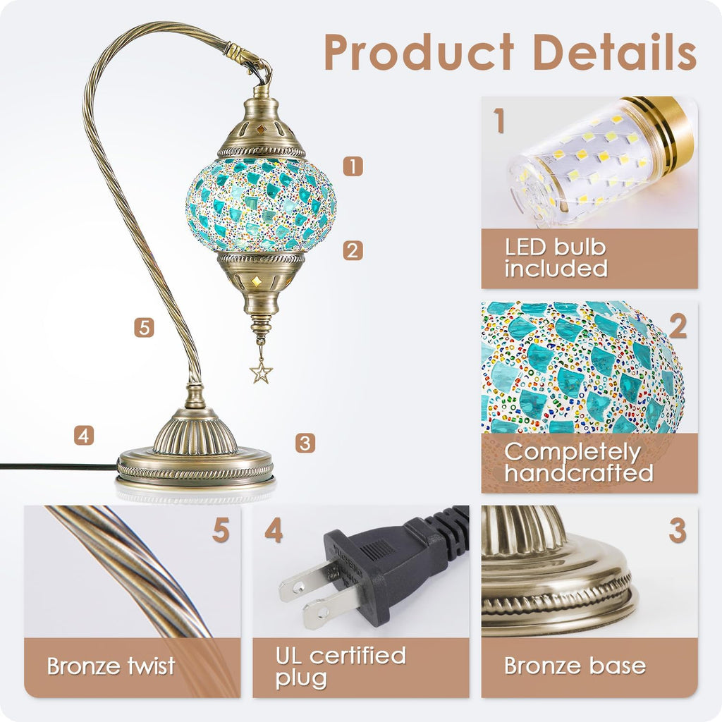 Yarra-Decor Turkish Moroccan Lamp with Bronze Base 3-Way Color Changing Handmade Swan Neck Tiffany Mosaic Glass Bedside Lamps for Bedroom…