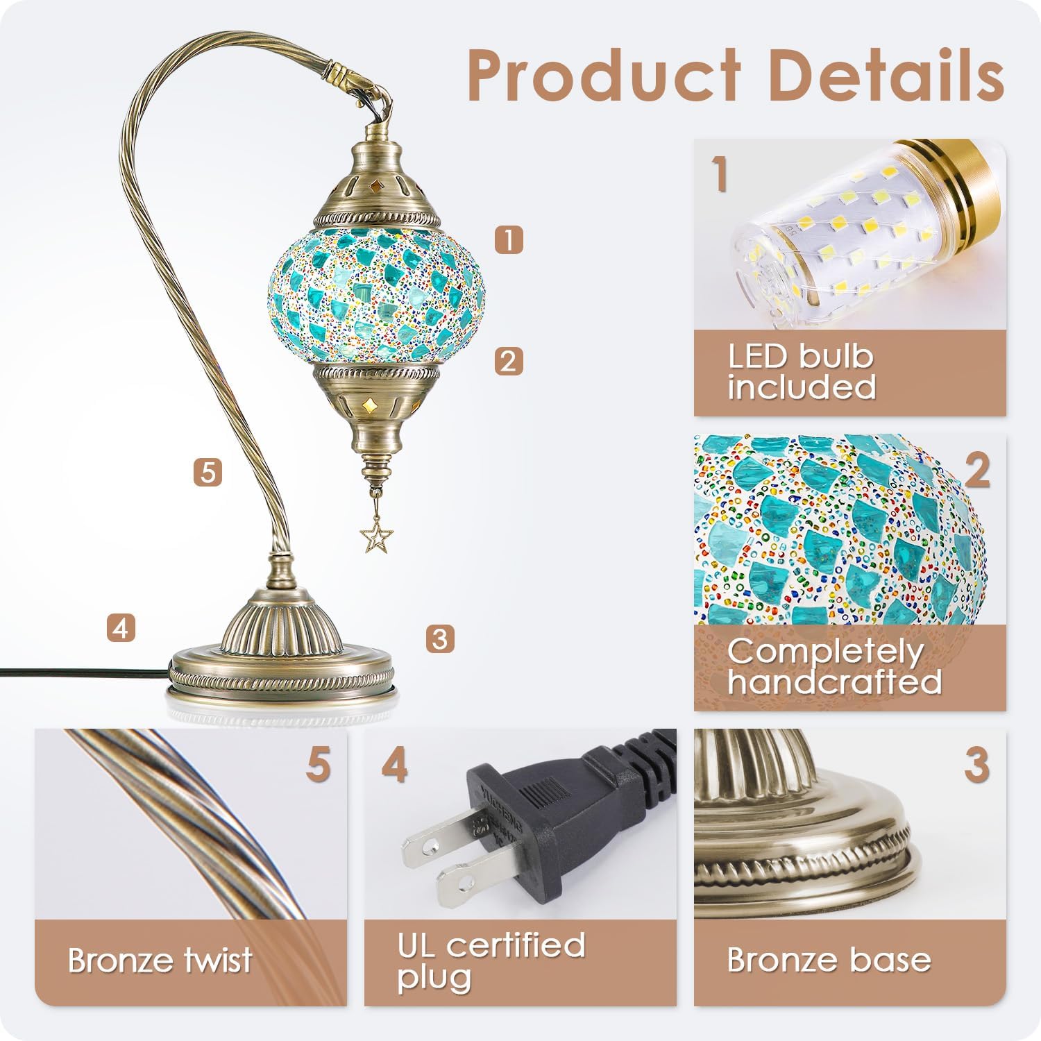 Yarra-Decor Turkish Moroccan Lamp with Bronze Base 3-Way Color Changing Handmade Swan Neck Tiffany Mosaic Glass Bedside Lamps for Bedroom…