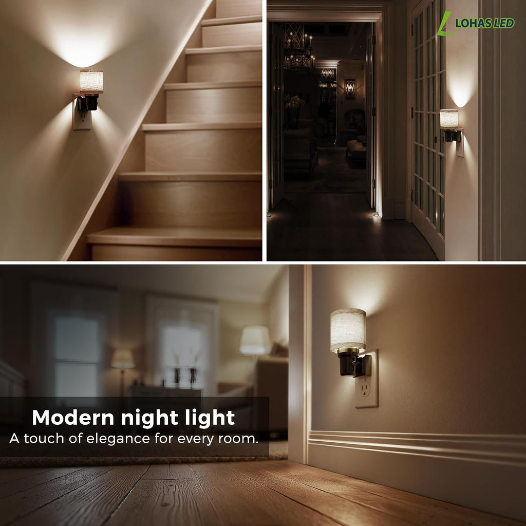 L LOHAS LED Night Lights Plug into Wall, Linen Fabric Cylinder Decor Night Light, Dusk to Dawn Sensor Vintage Nightlight, 5000K Daylight…