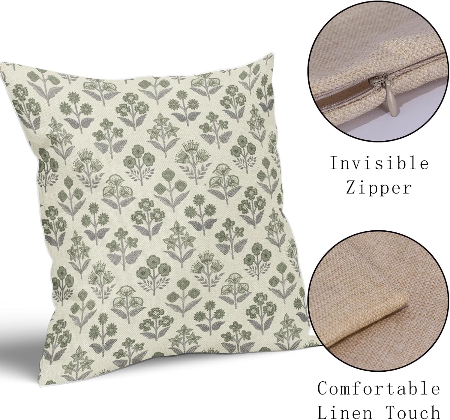 Green Grey Gray Floral Block Print Pillow Covers 20x20 Inch Set of 2, Vintage Flower Pattern Decorative Throw Pillowcases Outdoor…