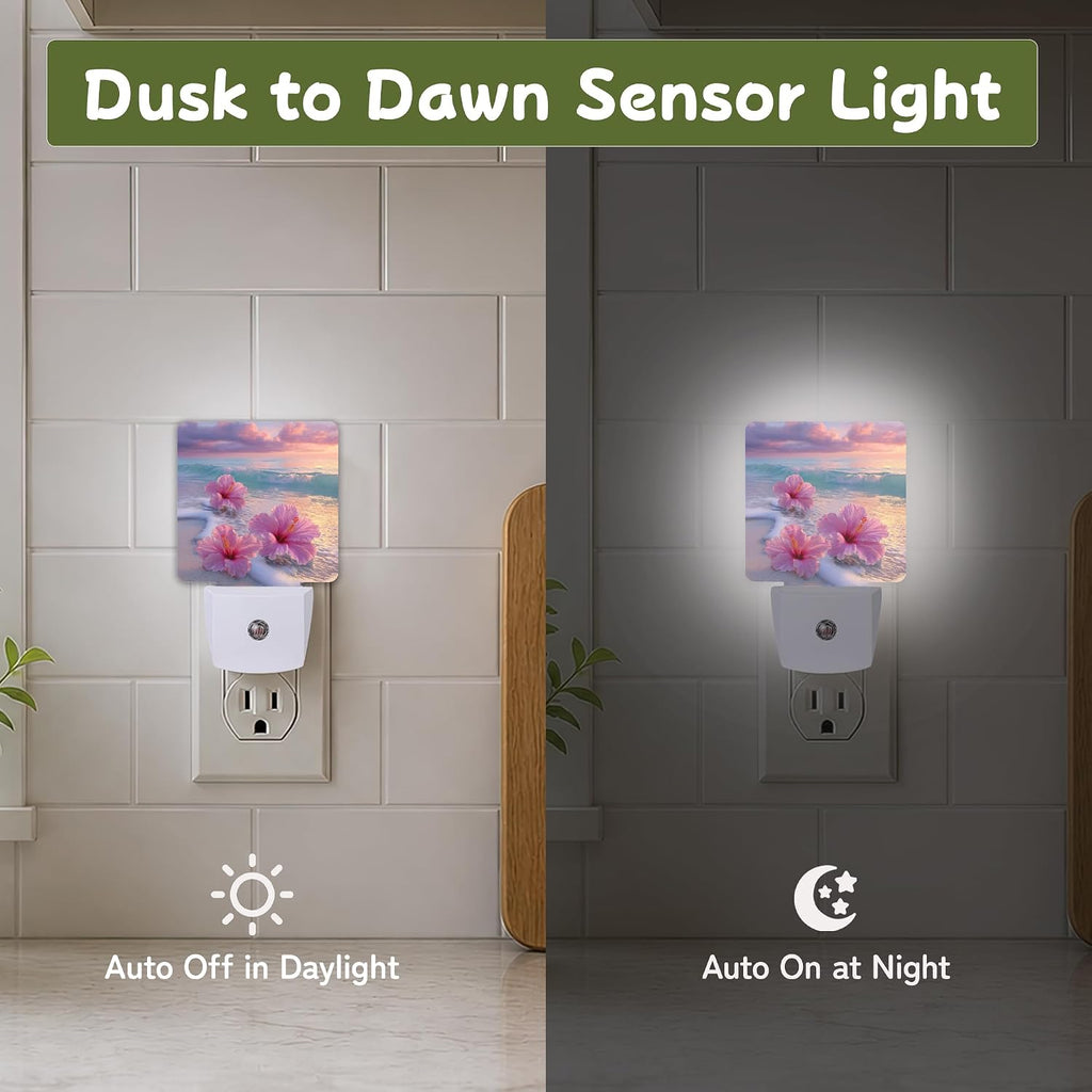 Pink Hibiscus Beach Night Lights Plug into Wall, Night Light for Bedroom Bathroom Hallway Kitchen, Auto Dusk to Dawn Sensor Decorative…