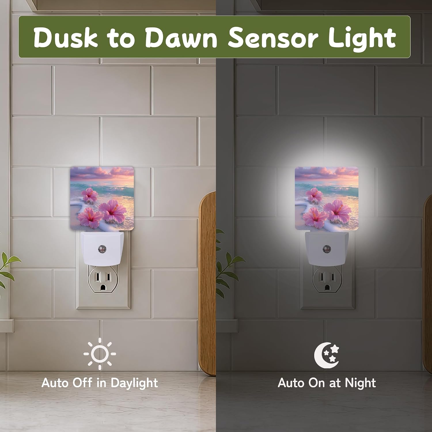 Pink Hibiscus Beach Night Lights Plug into Wall, Night Light for Bedroom Bathroom Hallway Kitchen, Auto Dusk to Dawn Sensor Decorative…