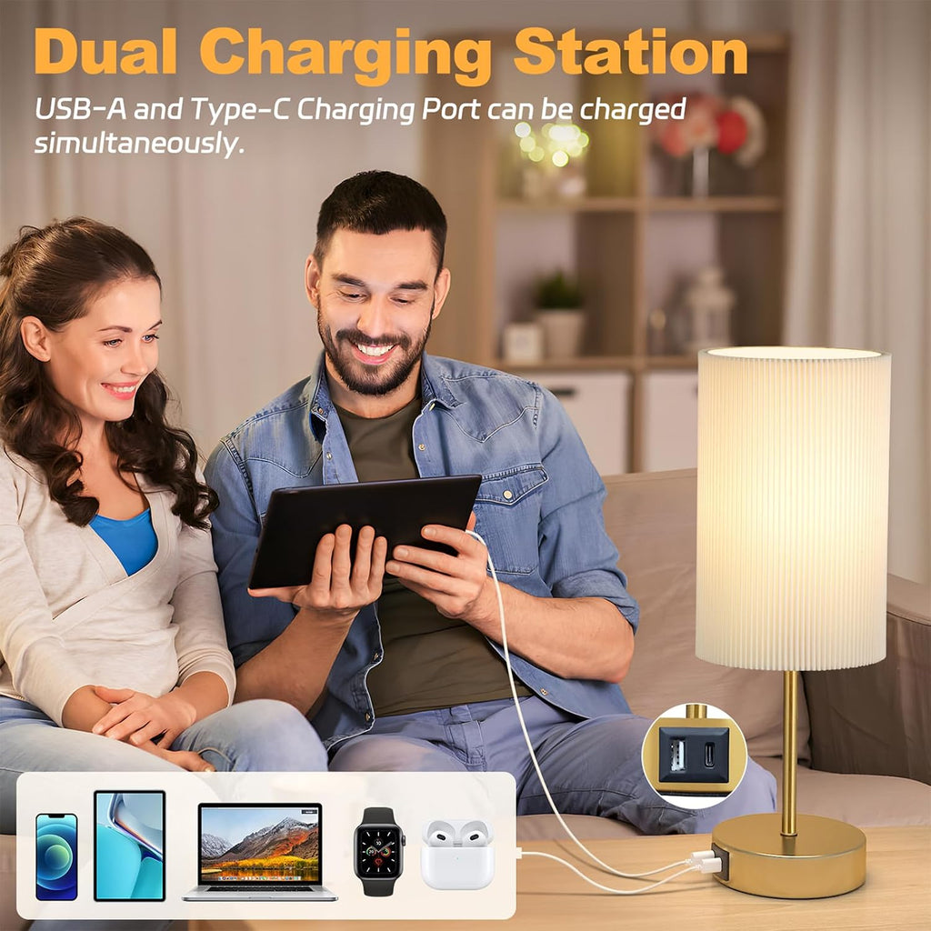 AKASUKI Table Lamp for Bedroom, 3 Way Dimmable Touch Lamp with Dual Charging Station, Small Bedside Lamps for Night Stands, Living Room…