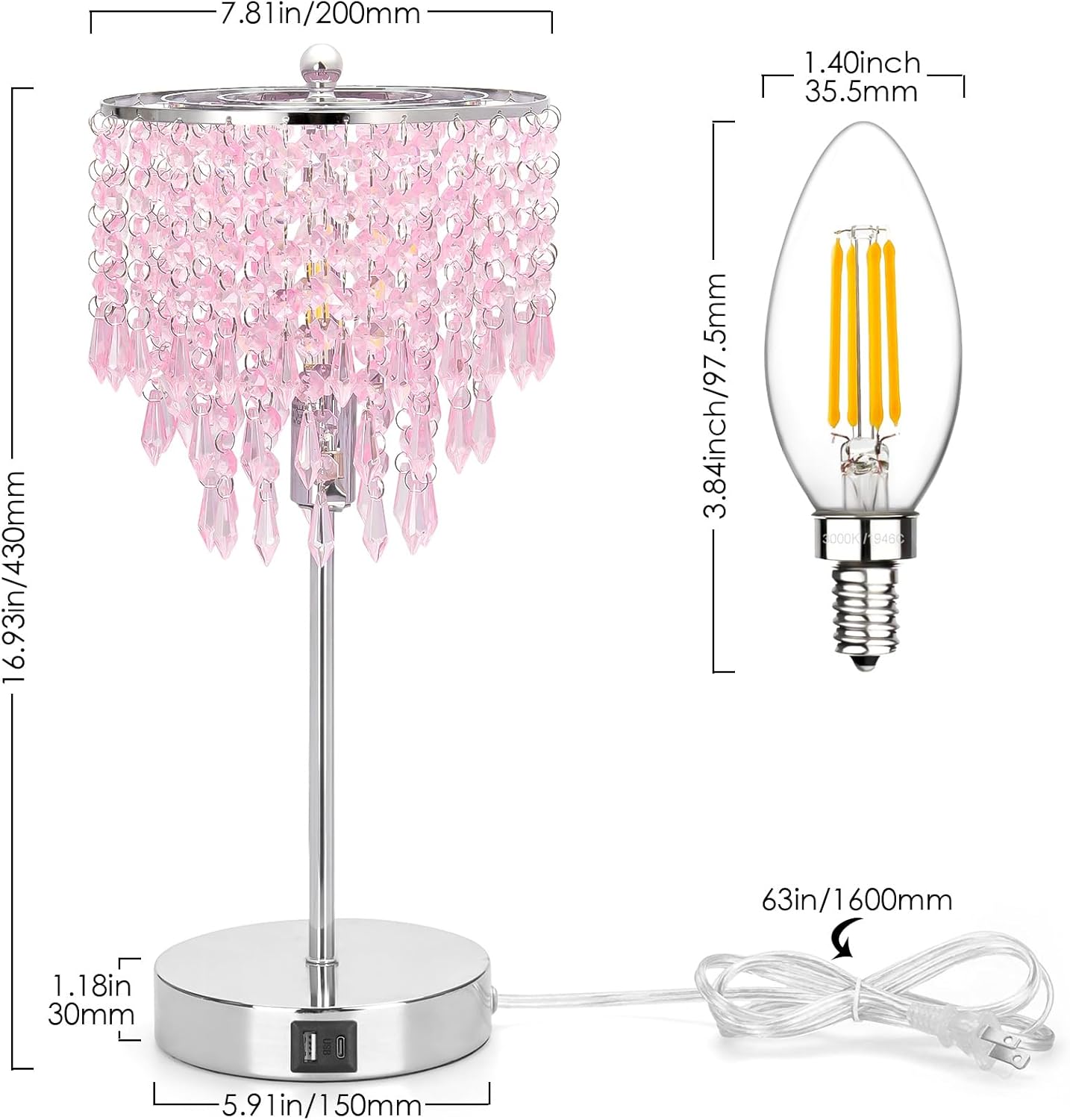 Crystal Touch Control Table Lamp with Dual USB Charging Ports, 3 Way Dimmable Bedside Lamp with Pink Shade, Decorative Nightstand Lamp…