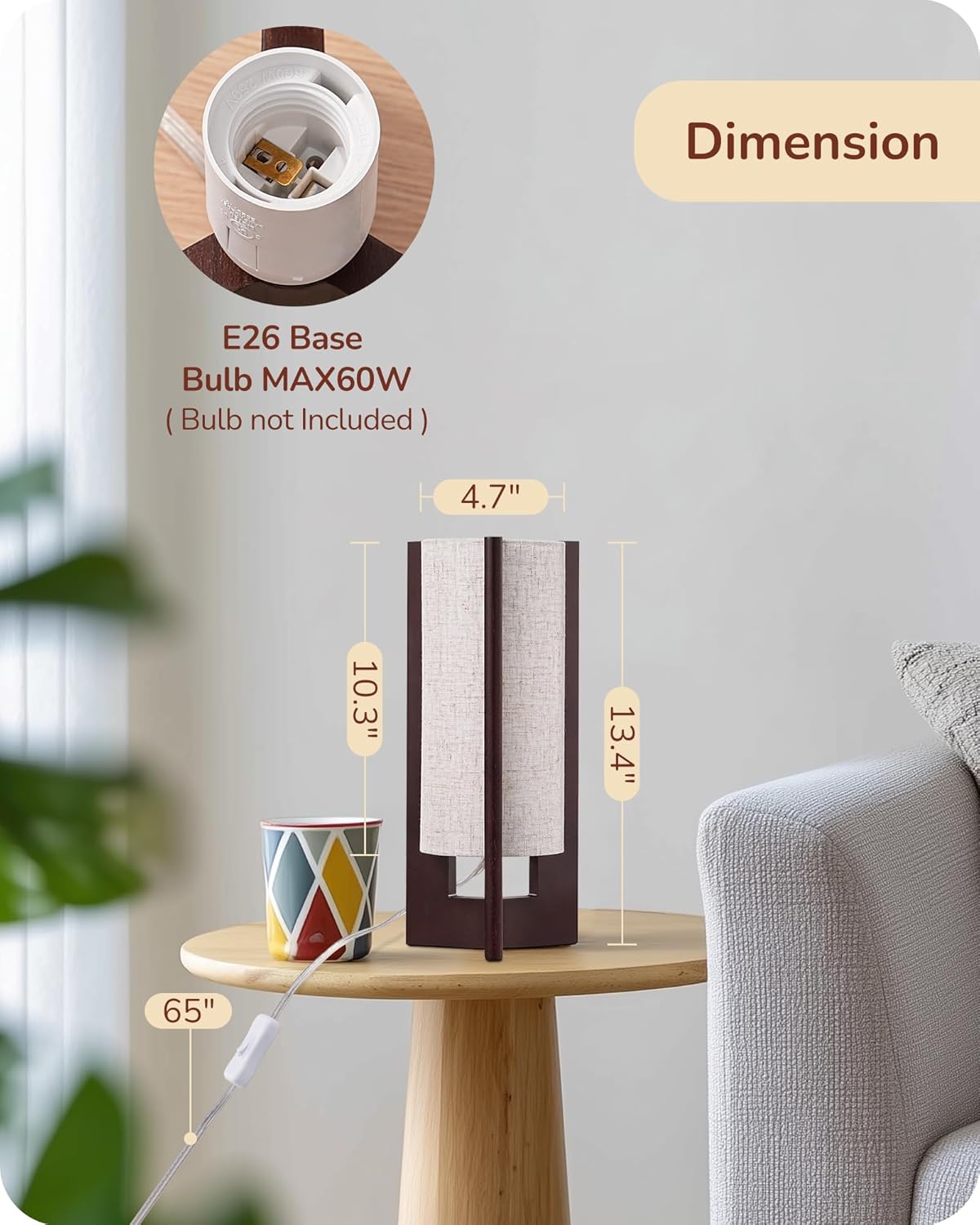 EDISHINE Wood Table Lamp, 13.5" Small Bedside Lamp, Beige Linen Shade, Rosewood Cylinder Nightstand Lamp for Bedroom Living Room, On-Off…