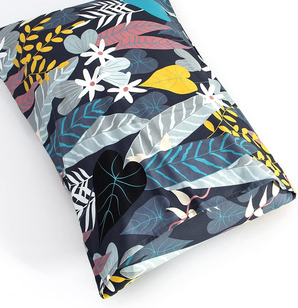 YuHeGuoJi Black Botanical Pillow Cases Set of 2 King 100% Cotton Colorful Leaves Pillow Covers Decorative Cute White Floral Pillow…
