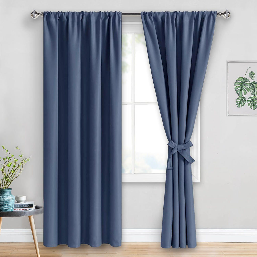 Jiuzhen Dusty Blue Blackout Curtains for Bedroom - Thermal Insulated Room Darkening Rod Pocket Curtains for Living Room, Set of 2 Panels wi…