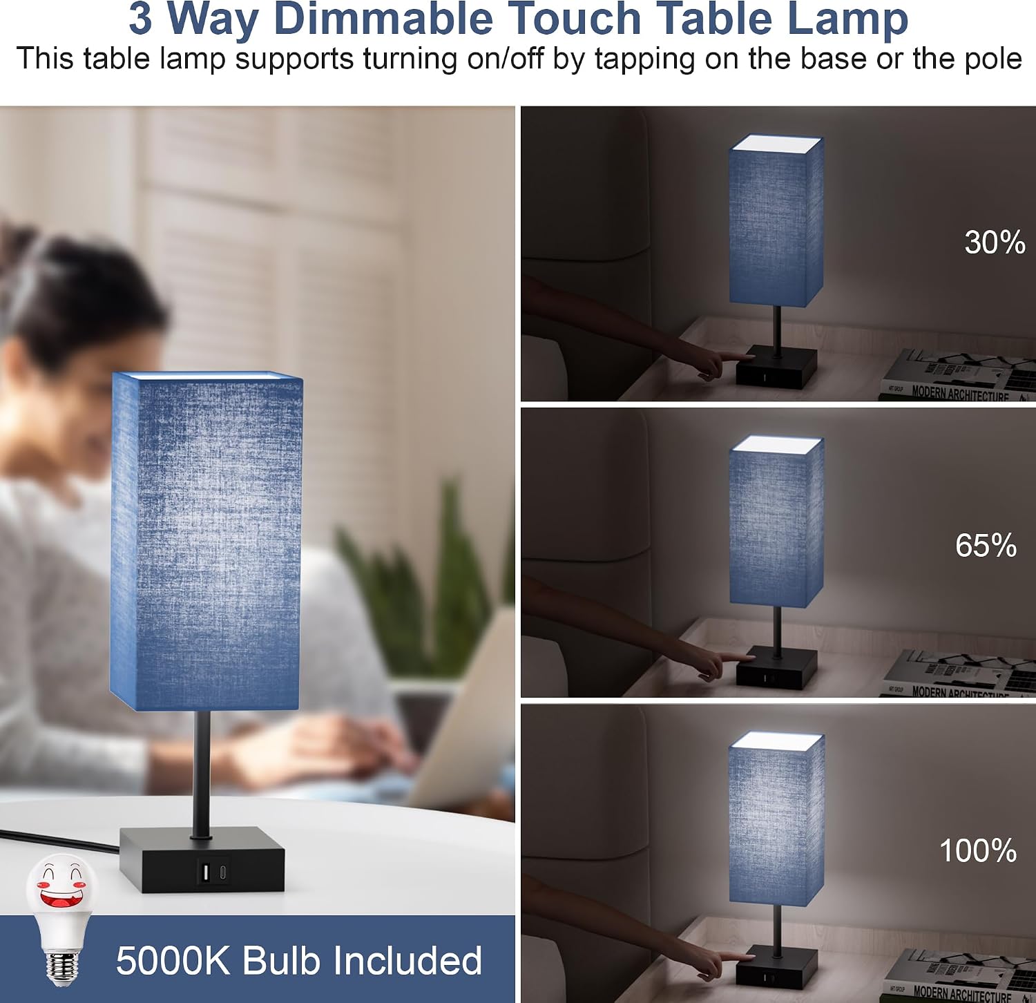 Bedside Table Lamp for Bedroom Set of 2, 3 Way Dimmable Touch Lamp with USB C+A Charging Ports, Small Nightand Lamps for Bedroom Decor…