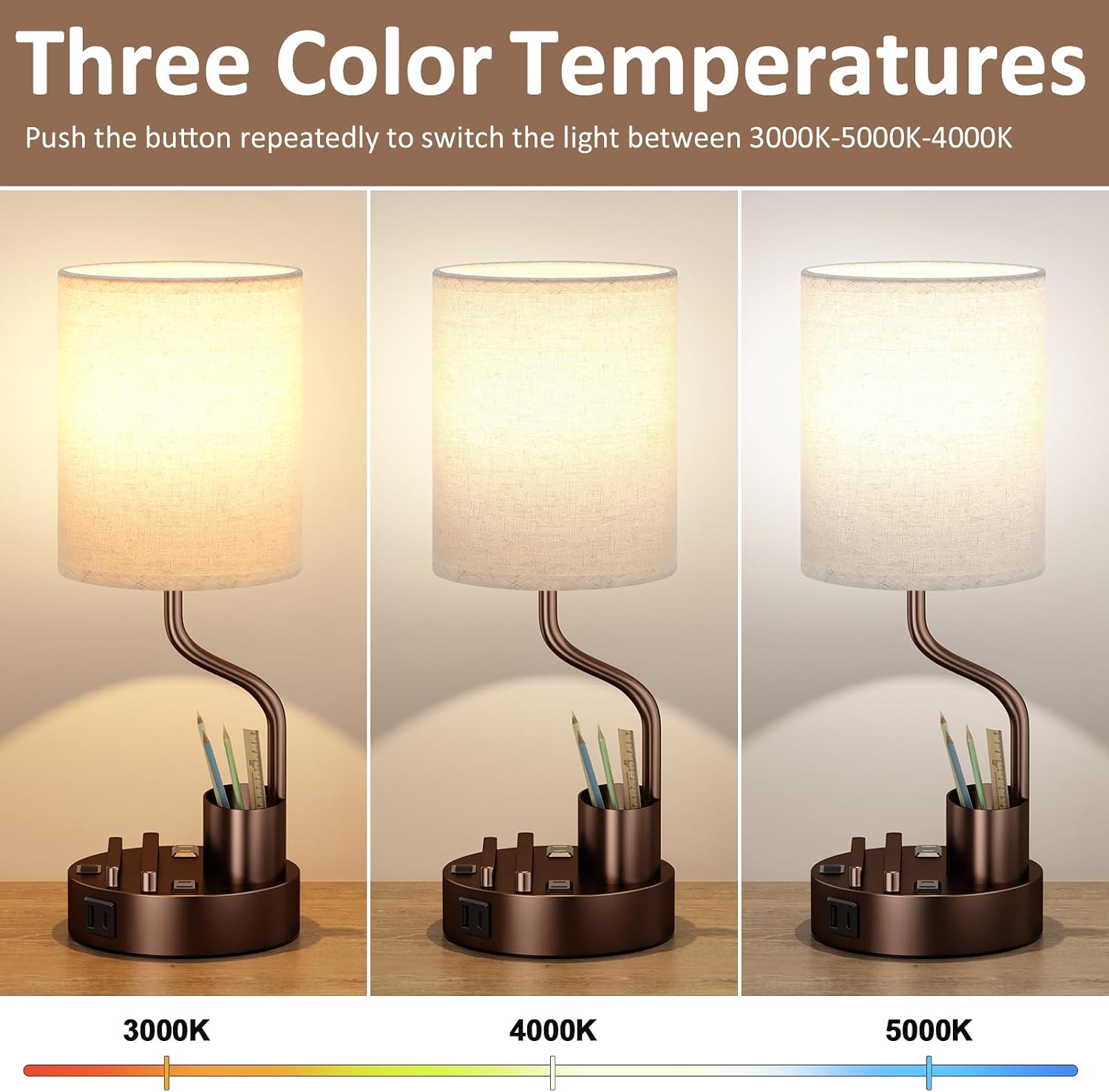 Bedside Table Lamps for Bedroom Set of 2 - Beige Nightstand Lamp with AC Outlet Charging Port and USB A C, 3 Color Temperatures, Included…