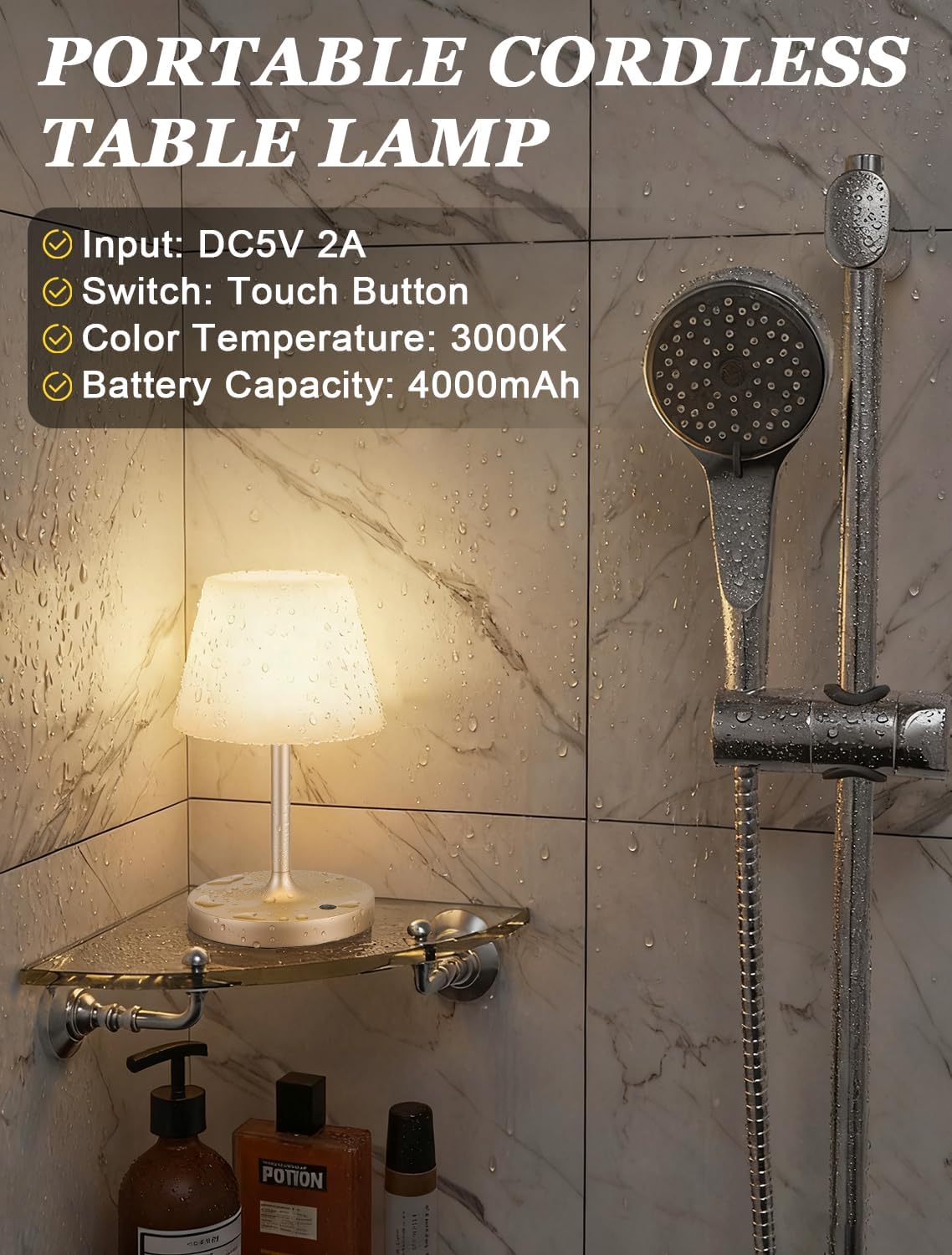 Kakanuo Champagne Gold Shower Lamp Waterproof, Rechargeable Cordless Lamp with 4000mAh Battery, Touch Dimmable Table Lamp for Outdoor…