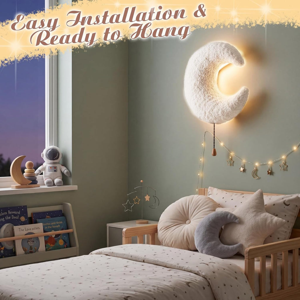 Aurelema Fluffy Moon Night Light Wall Lamp Sleeping Nursery Lighting Cute Floating Battery Operated Hanging Lamp for Baby Boys Girls…