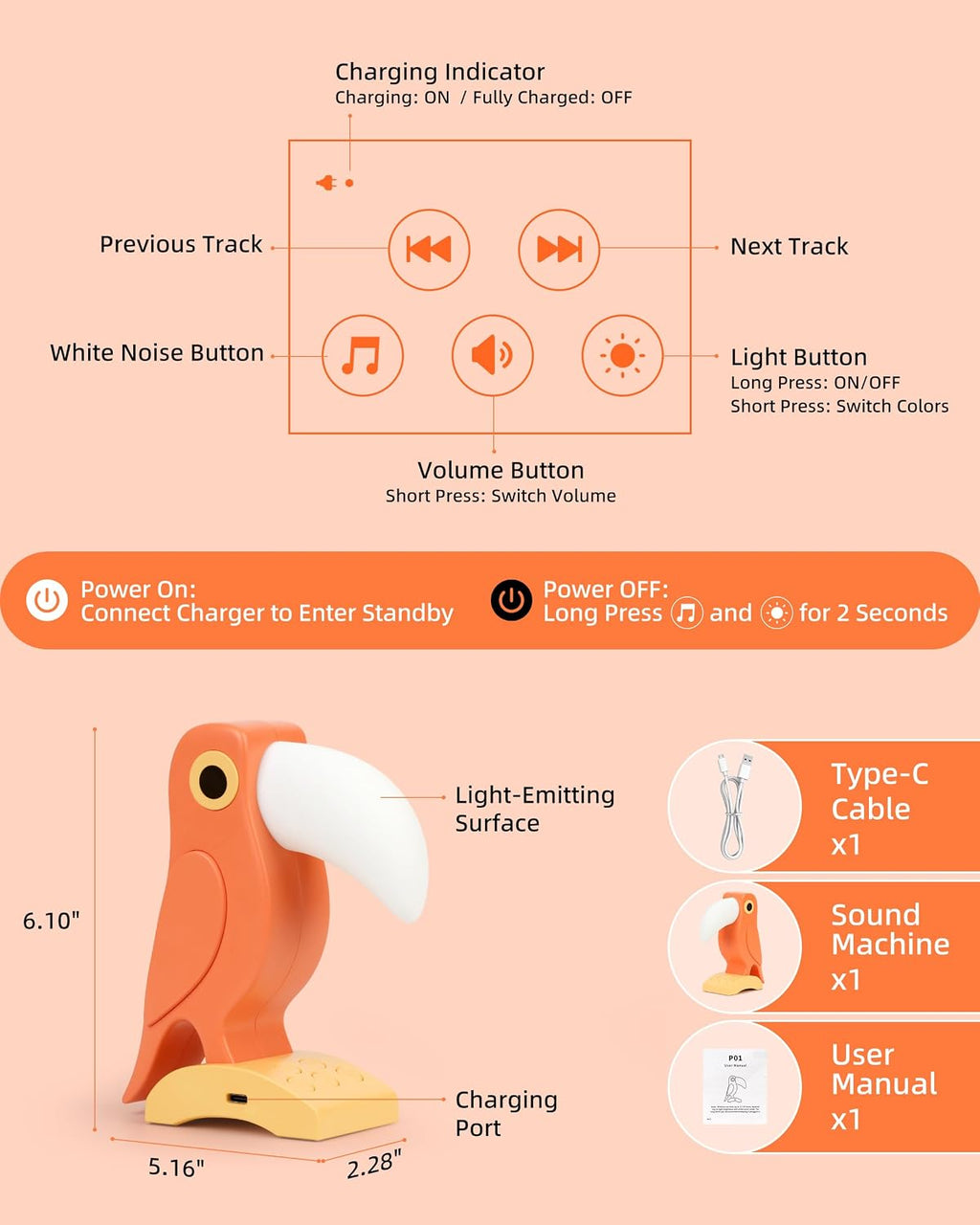 White Noise Sound Machine with 30 Soothing Sounds 7 Colors Night Light, Toucan White Noise Machine for Kids Adults Sleep Machines 5 Volume…
