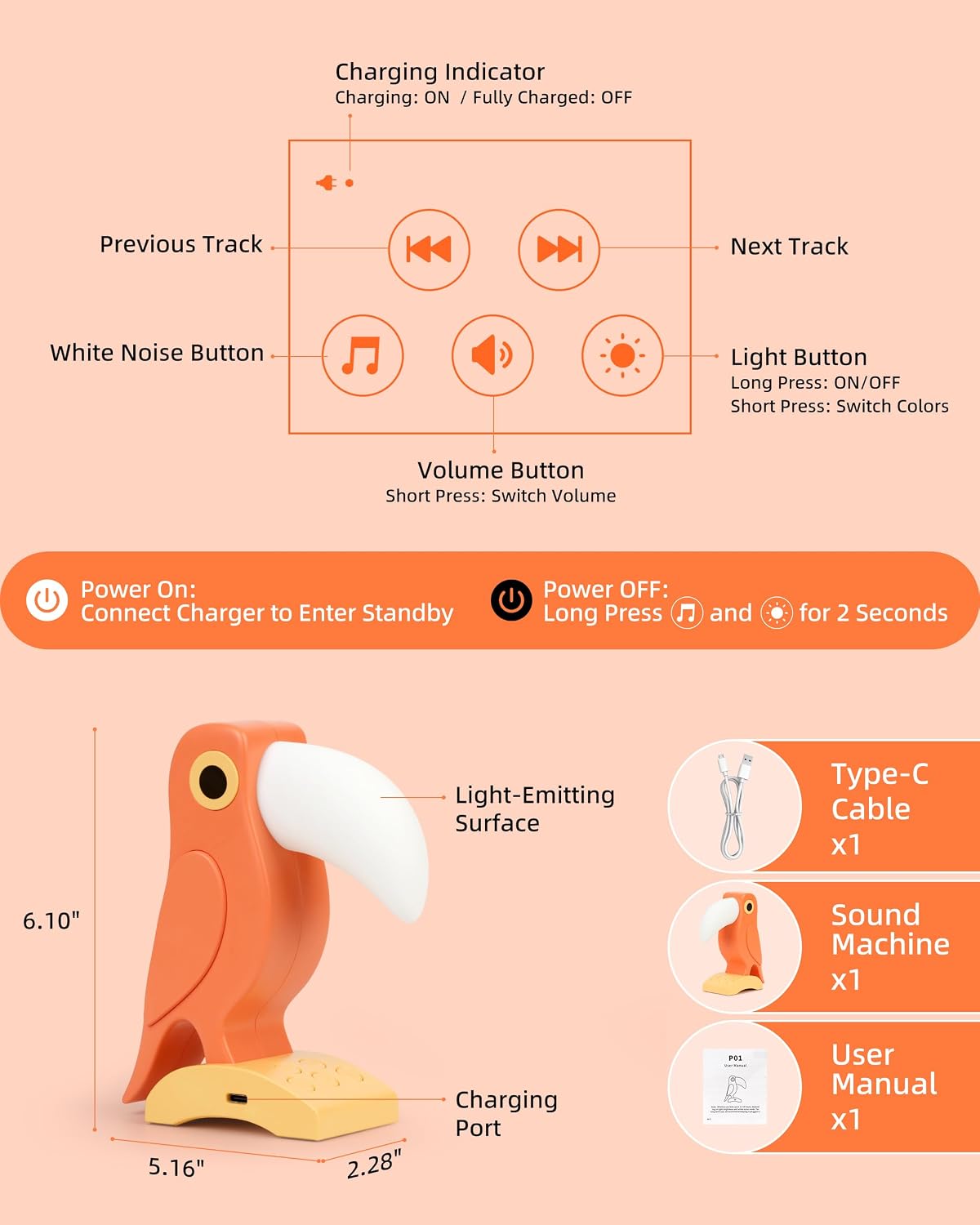 White Noise Sound Machine with 30 Soothing Sounds 7 Colors Night Light, Toucan White Noise Machine for Kids Adults Sleep Machines 5 Volume…