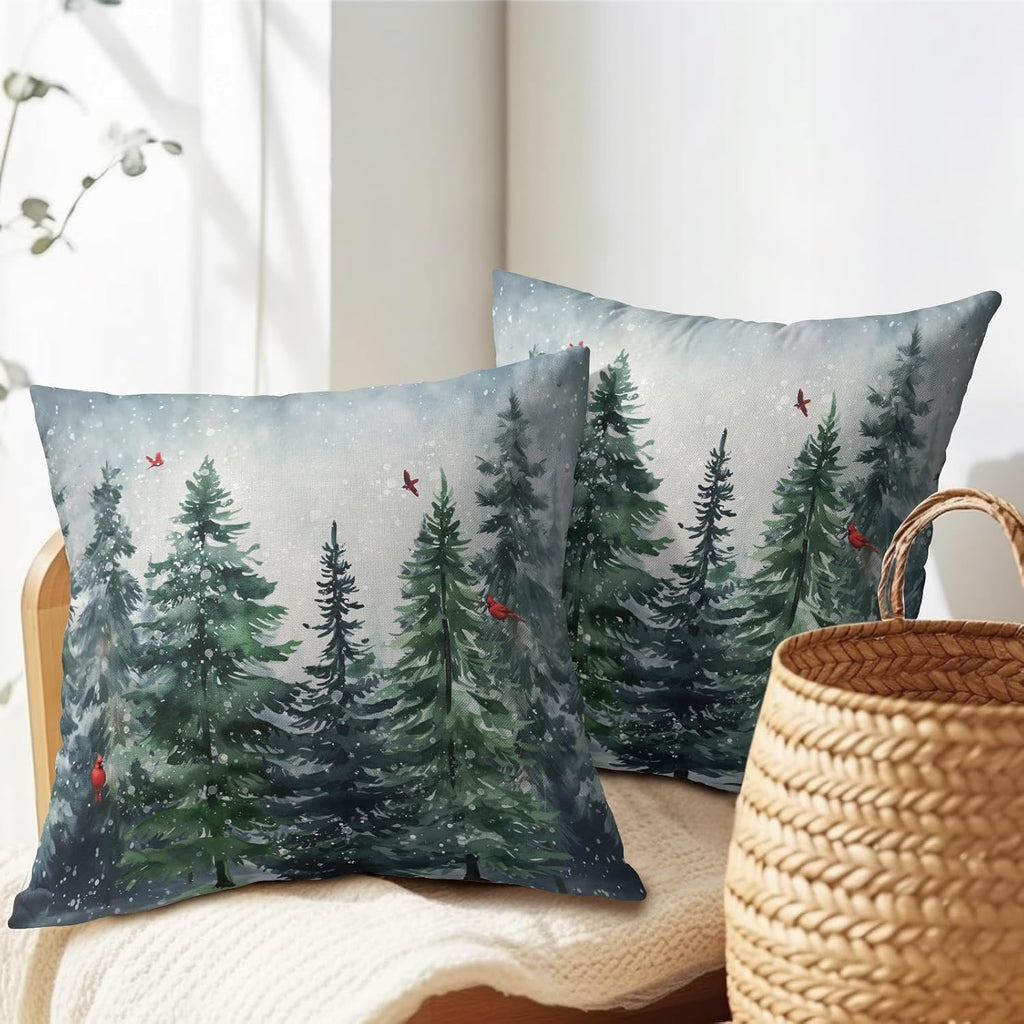 Granbey Green Tree Throw Pillow Covers Winter Snowy Forest Pillowcase 16x16 inch 2 PCS Nature Landscape Red Bird Decorative Cushion Cover f…