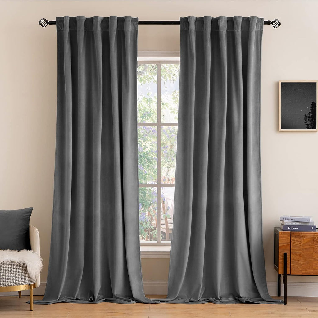 Miulee Grey Velvet Curtains 90 inches 2 Panels - Luxury Blackout Curtains for Bedroom Living Room Thermal Insulated Super Soft Window Drape…