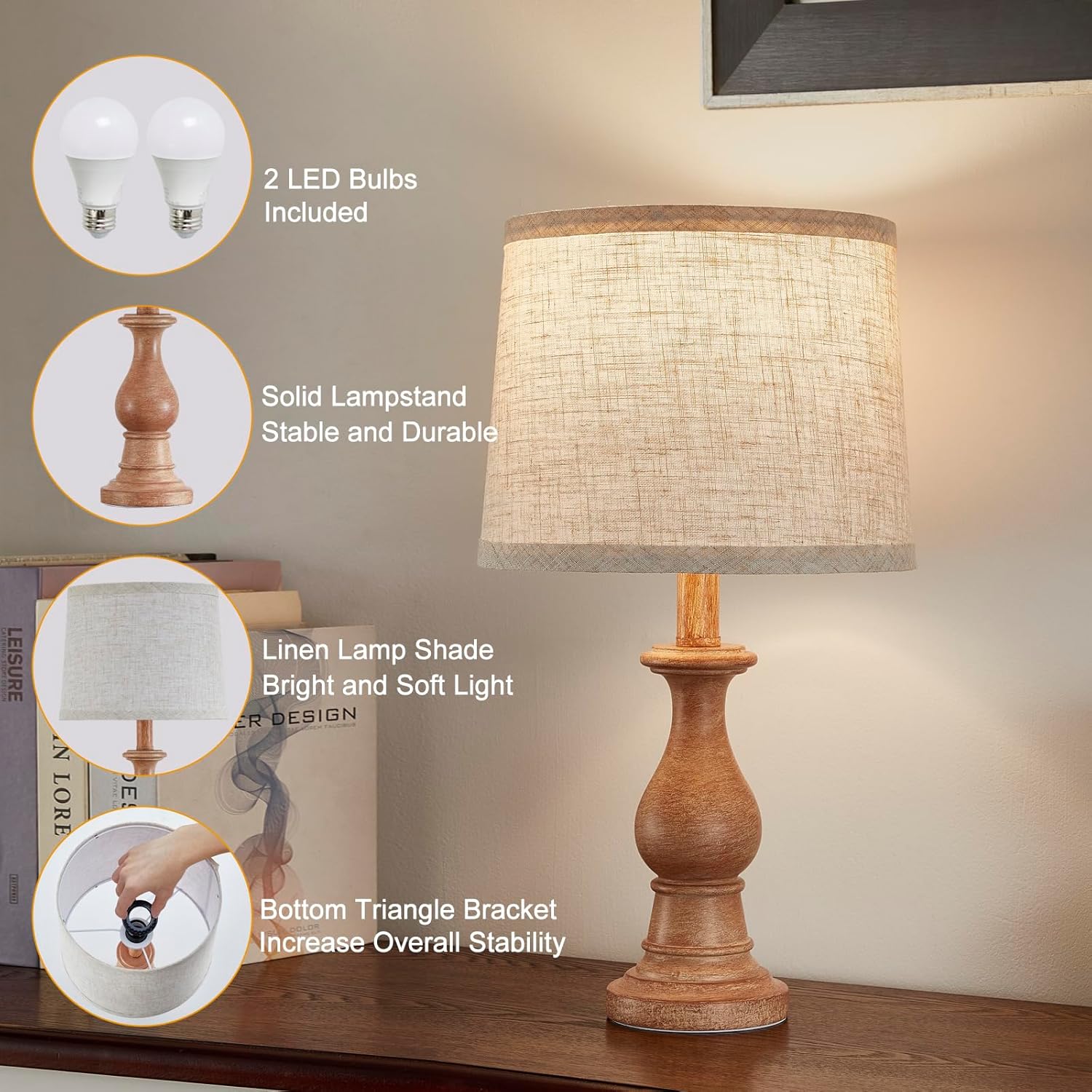 Vintage Table Lamp for Living Room Bedroom, 18.5" Farmhouse Bedside Lamps Nightstand Lamp Set of 2, Table Lamps with Oatmeal Linen Lamp…