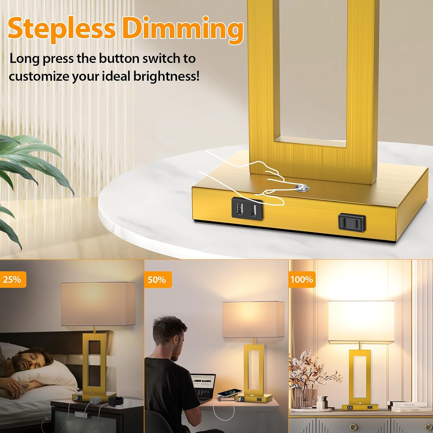 22’’ Touch Control Table Lamps Set of 2, 3 Color Temperatures Bedroom Bedside Lamps, Modern Gold Dimmable Lamps with USB Ports & AC…