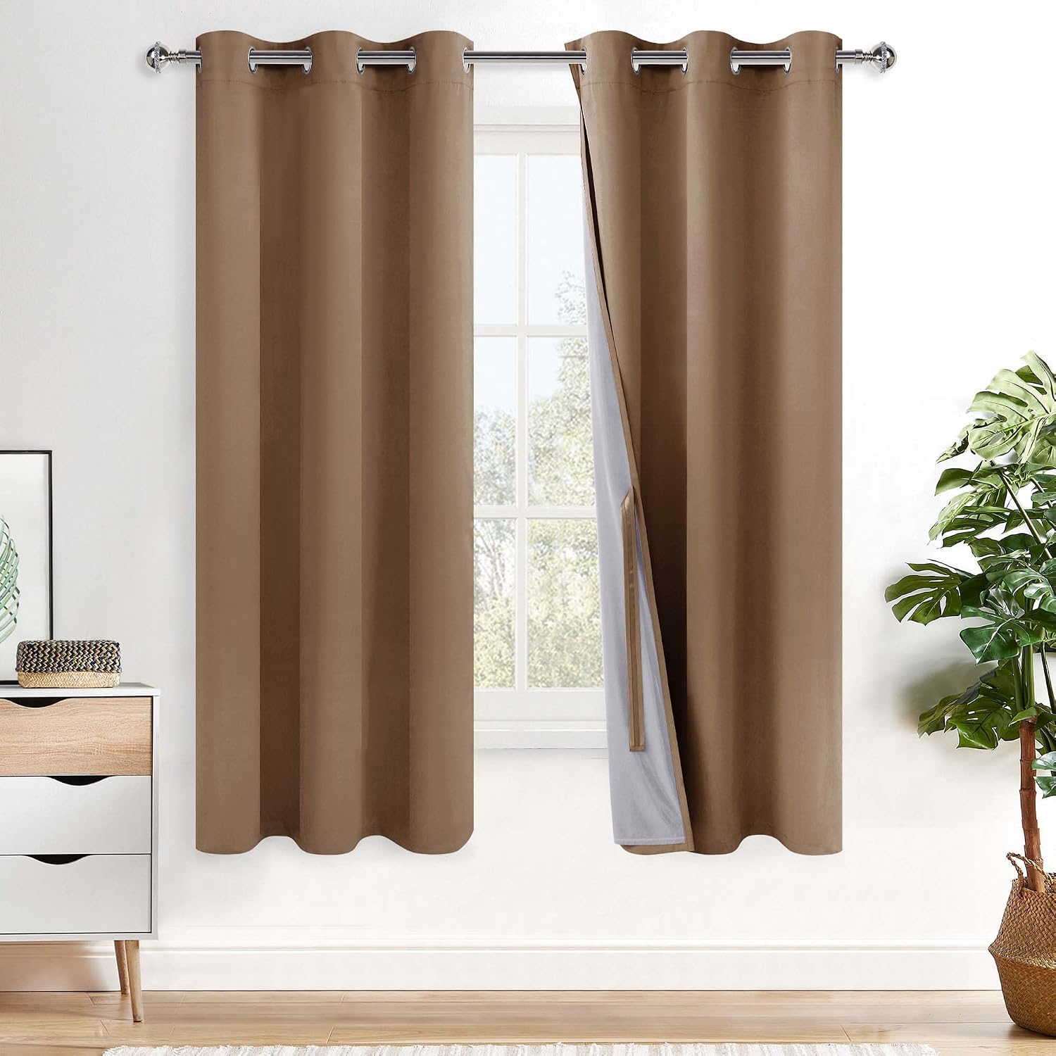 Xwzo Complete Blackout Shades Window Curtain Panels with Tiebacks- Noise Reduction and Light Blocking Grommet Curtains with Black Liner for…