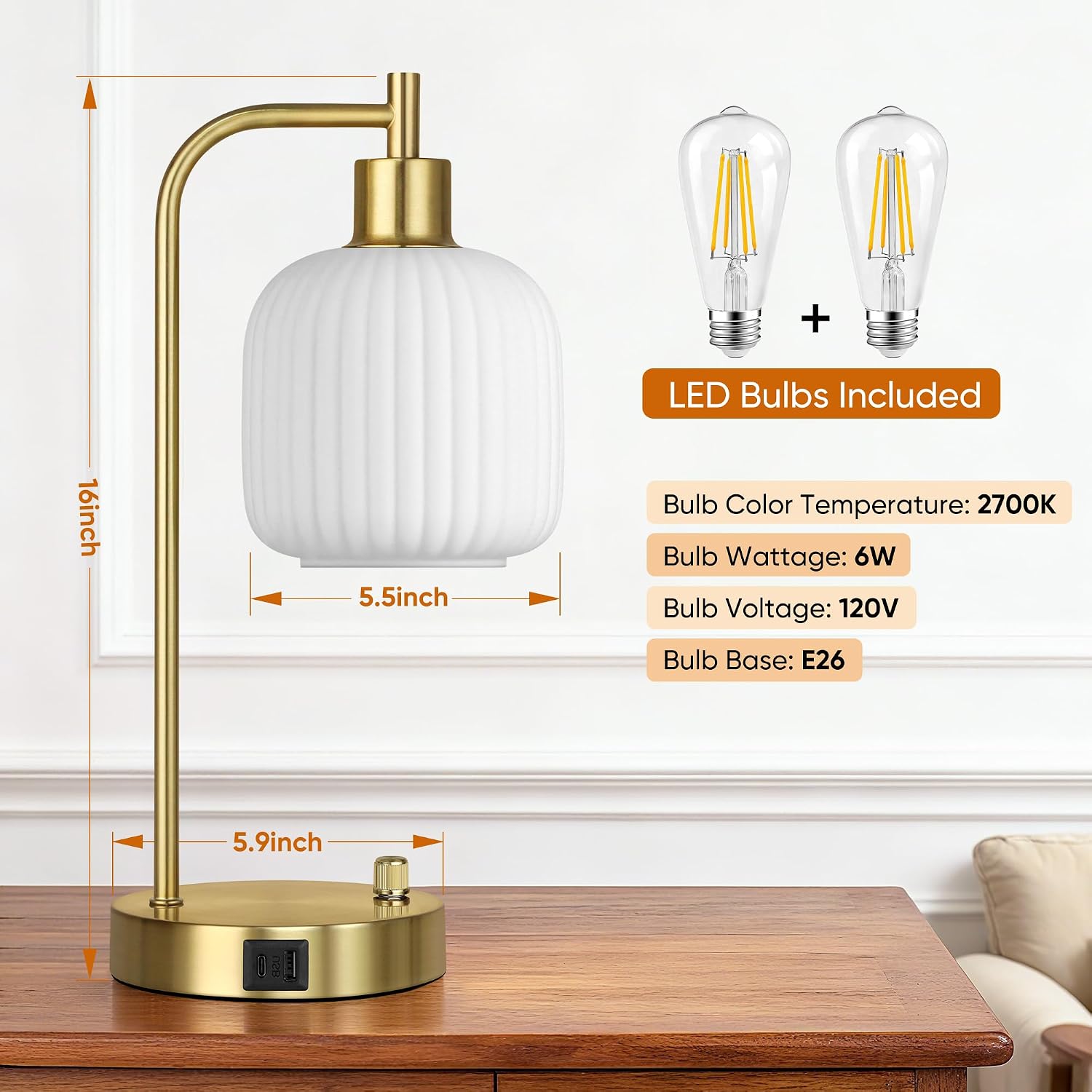 QiMH Industrial Table Lamp for Bedroom Set of 2, Cream Glass Beside Lamp with USB A&C Ports, Stepless Dimmable Gold Lamps, Nightstand…