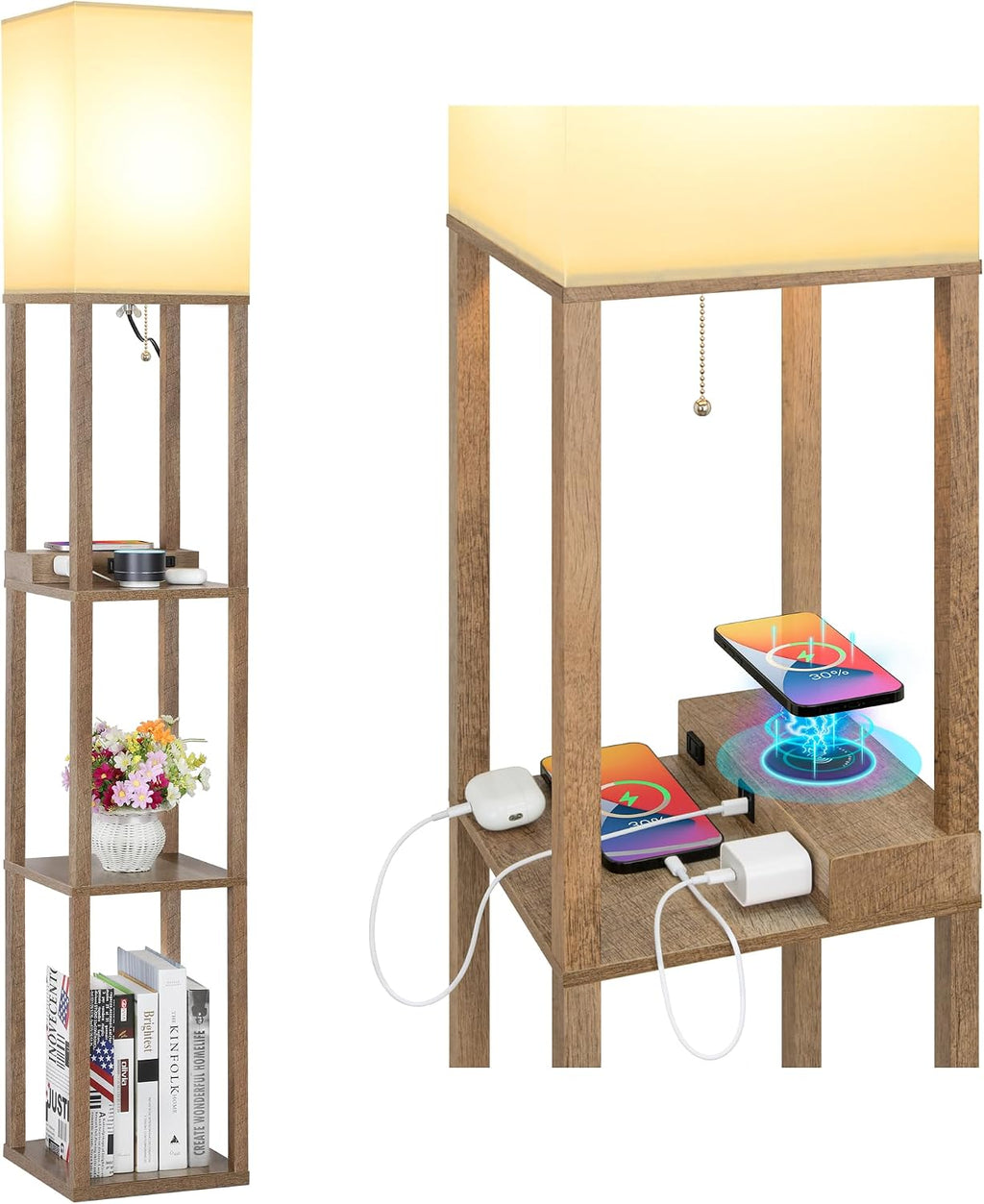 Mlambert Modern Shelf Floor Lamp with Wireless Charger & Fast Charging USB Ports & Type C Port & 2 Power Outlets,3 Tier Storage Lamp for…