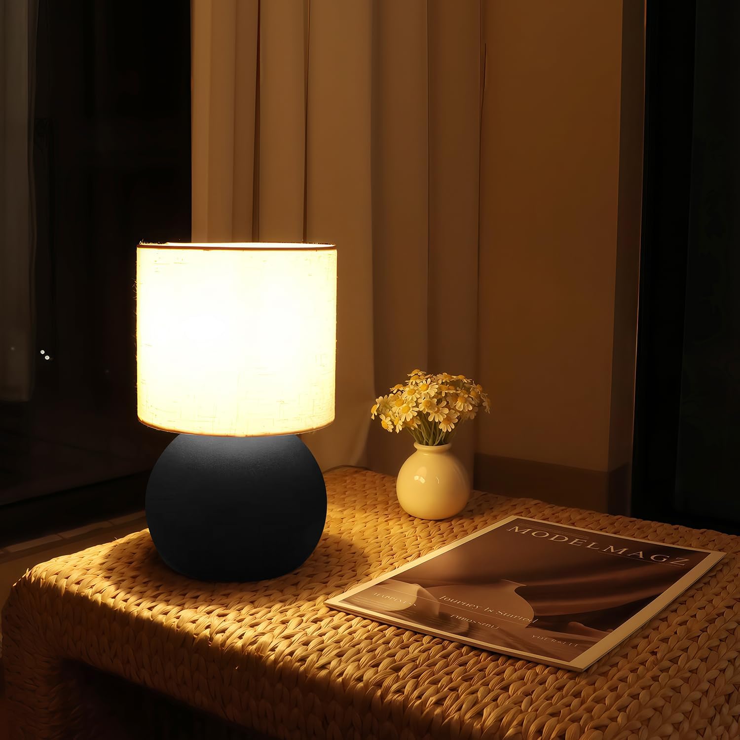Modern Black Small Table Lamp with Cotton Linen Shade, 10.4-inch LED Desk Light, One-Button Switch for Bedroom, Living Room, Nightstand…
