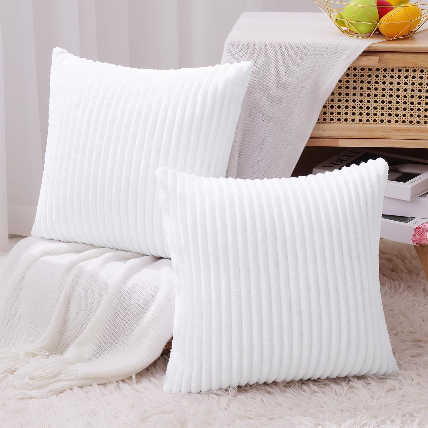 SimmoreHomeDecor Simmore Decorative Throw Pillow Covers 18x18 Set of 2, Soft Natural Plush Flannel Double-Sided Fluffy Couch Pillow Covers…