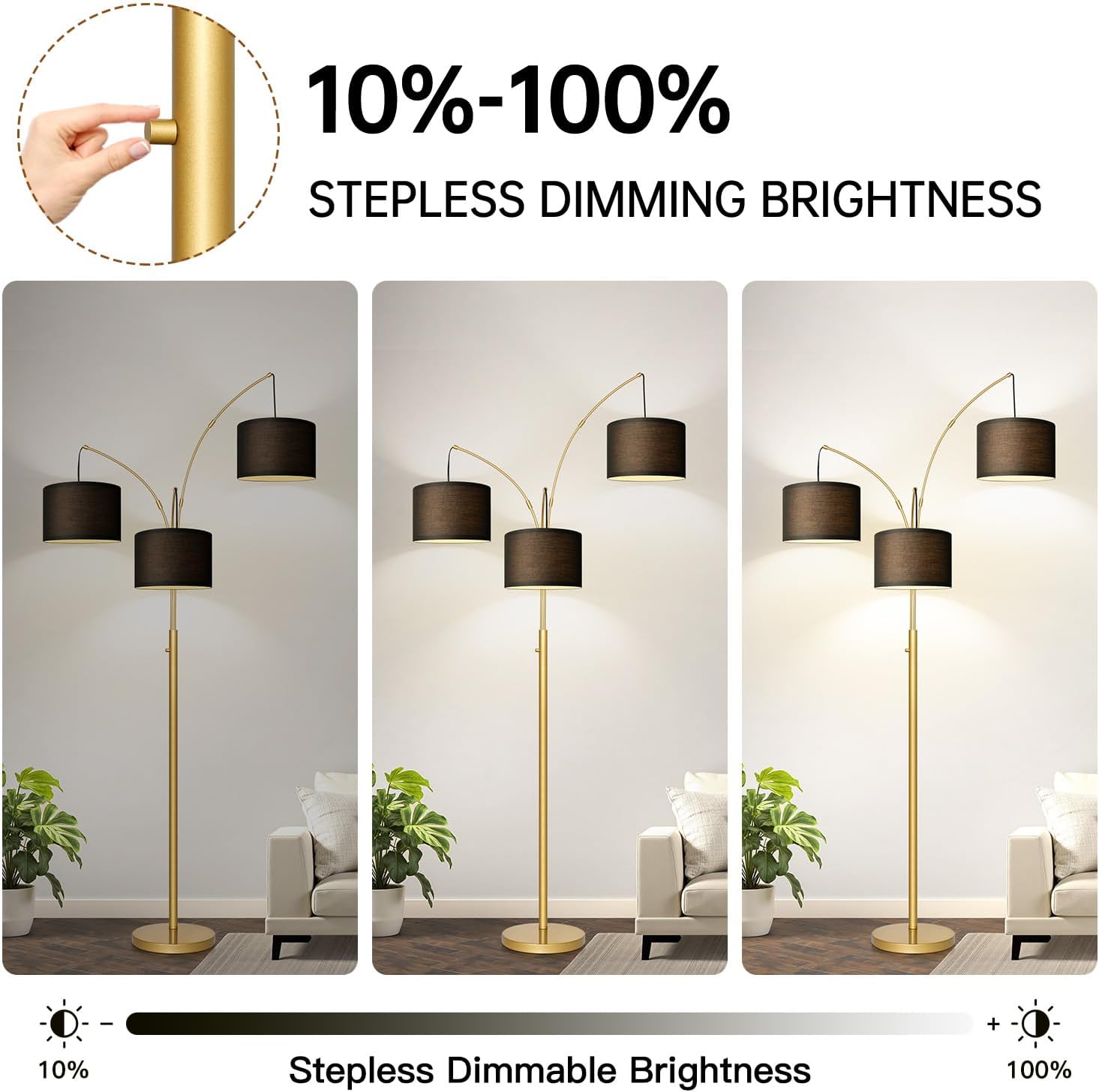 Nintiue Dimmable Floor Lamp - 3 Lights Gold Floor Lamps for Living Room with Black Shades & Heavy Base, Mid Century Tree Floor Lamp for…