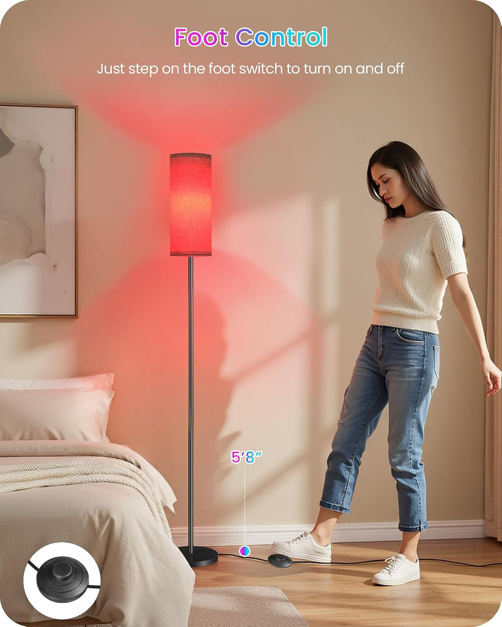 Dimmable Floor Lamp for Living Room with RGB Colors, Color Changing Ambient Lighting, Corner Standing Lamp for Bedroom - Remote, Foot…