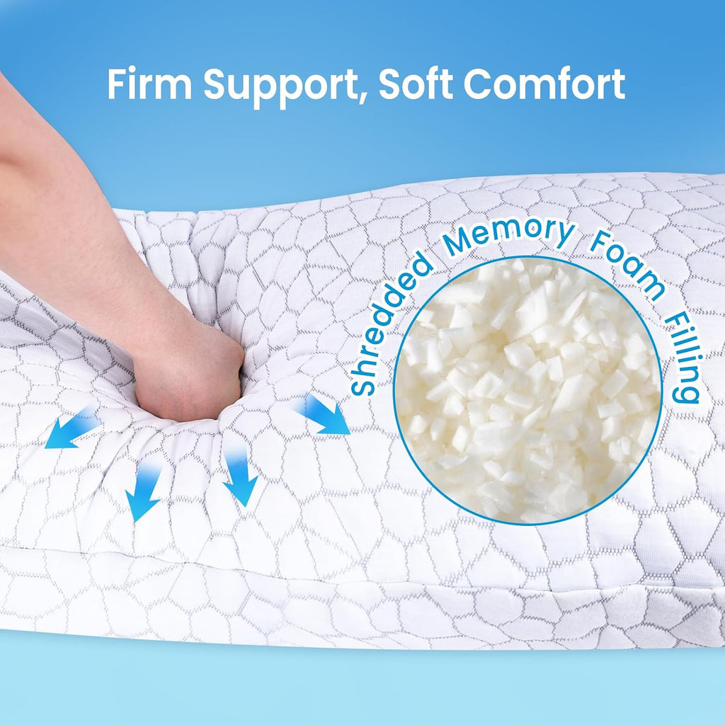 Qutool Cooling Pillow for Sleeping, CertiPUR-US Shredded Memory Foam Full Body Pillow Set of 1, Long Pillow for Bed with Removable Double-S…