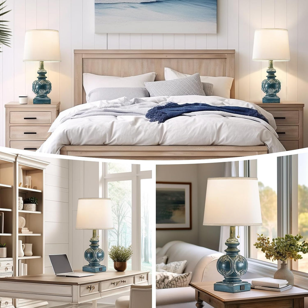 20.75" Farmhouse Table Lamps for Bedroom Set of 2, Rustic Bedside Lamps with 2 USB Port, Retro side table lamp Antique Nightstand Lamp…