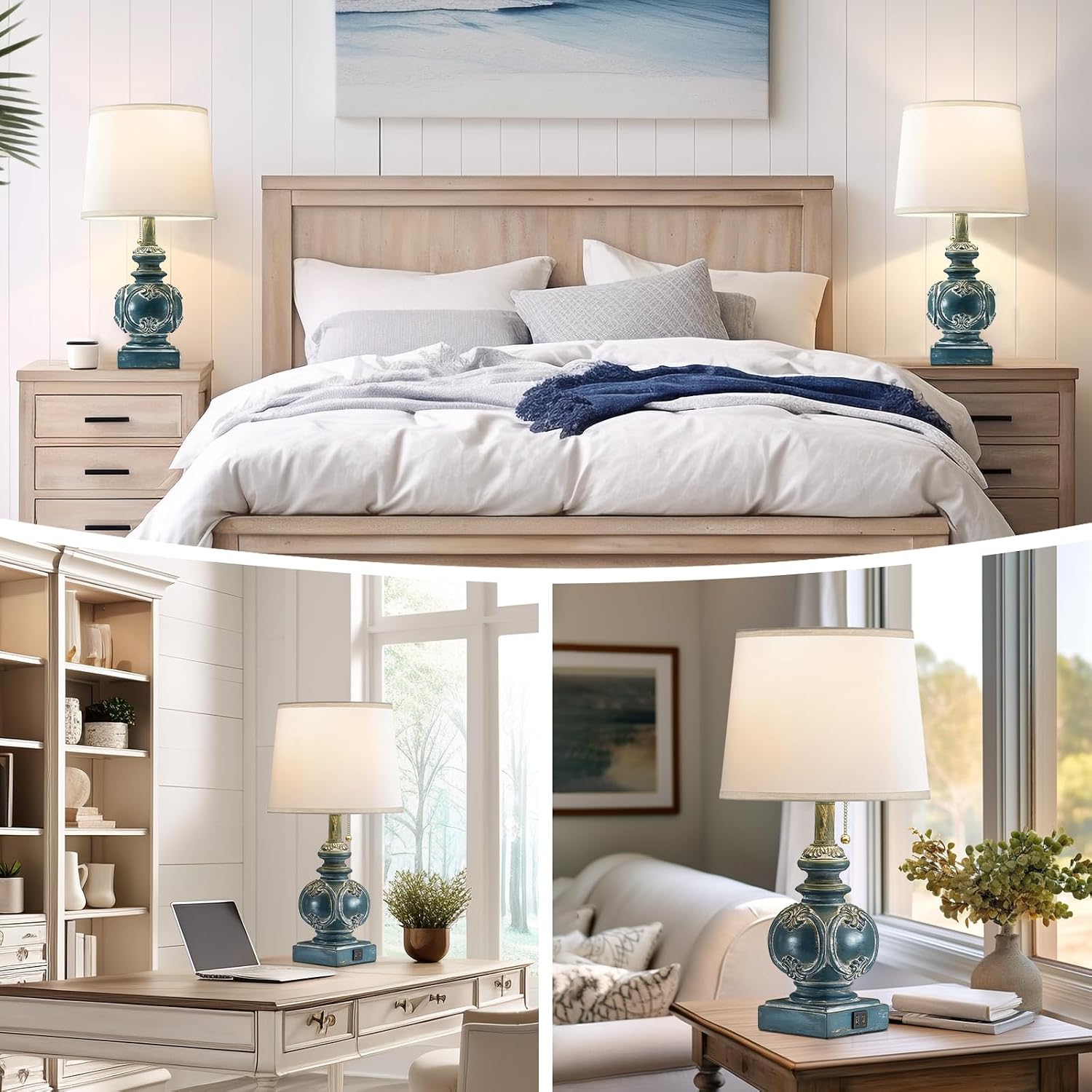 20.75" Farmhouse Table Lamps for Bedroom Set of 2, Rustic Bedside Lamps with 2 USB Port, Retro side table lamp Antique Nightstand Lamp…