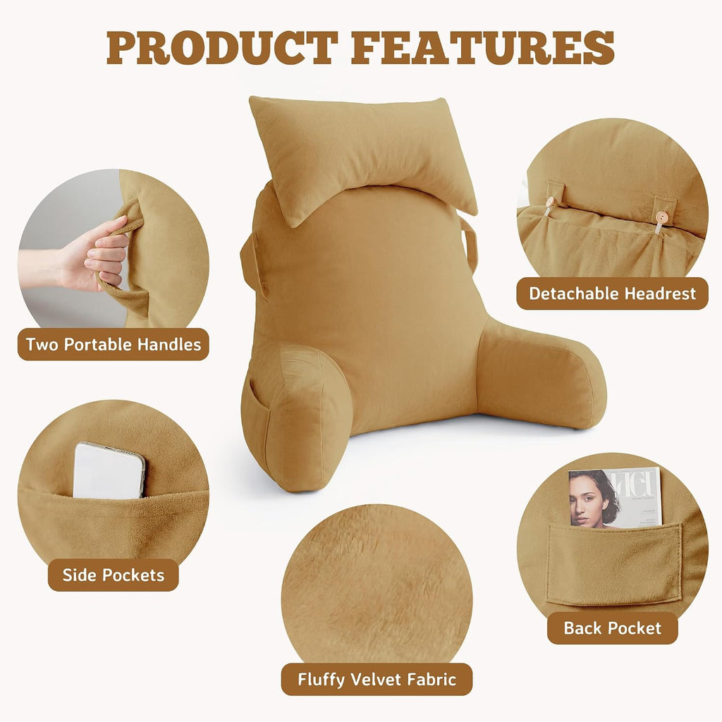 Unisakey Portable Reading Pillows with Headrest for Bed Sitting Up(Camel Oeko-Tex), Velvet Back Pillow with Arms & Pockets for Adults…