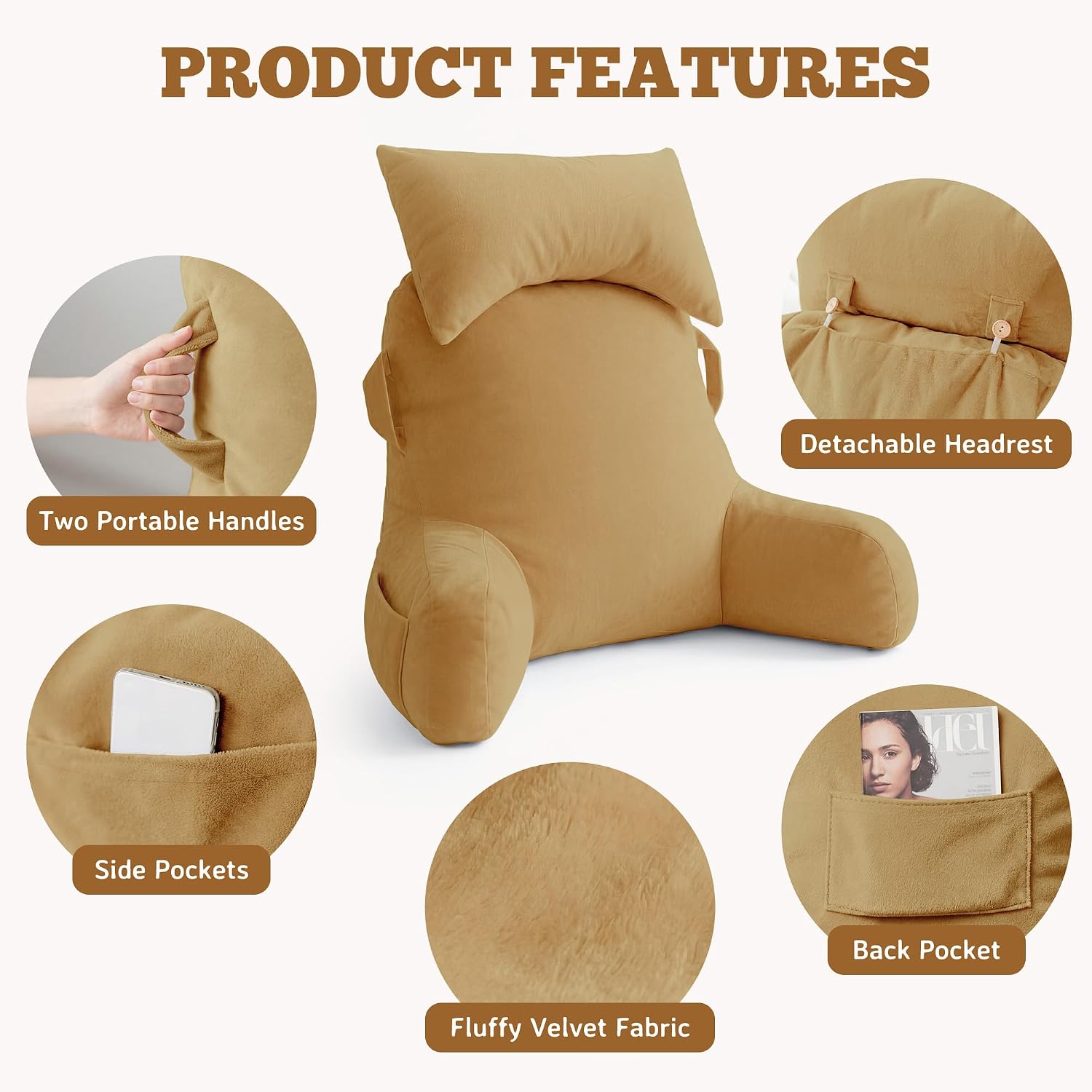 Unisakey Portable Reading Pillows with Headrest for Bed Sitting Up(Camel Oeko-Tex), Velvet Back Pillow with Arms & Pockets for Adults…