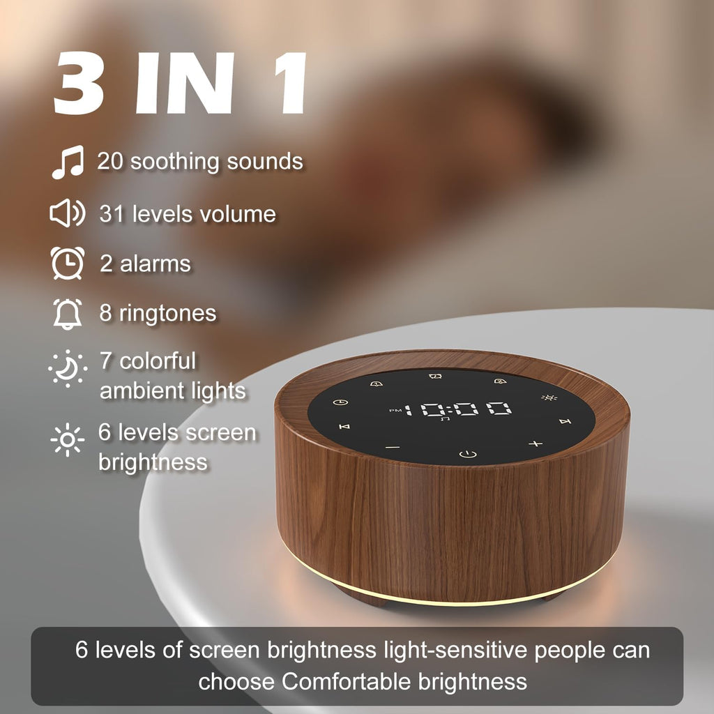 White Noise Machine with Alarm Clock & Night Light for Babies and Adults, 20 Soothing Sounds, Glare-Free Upward Display, Touch Control…