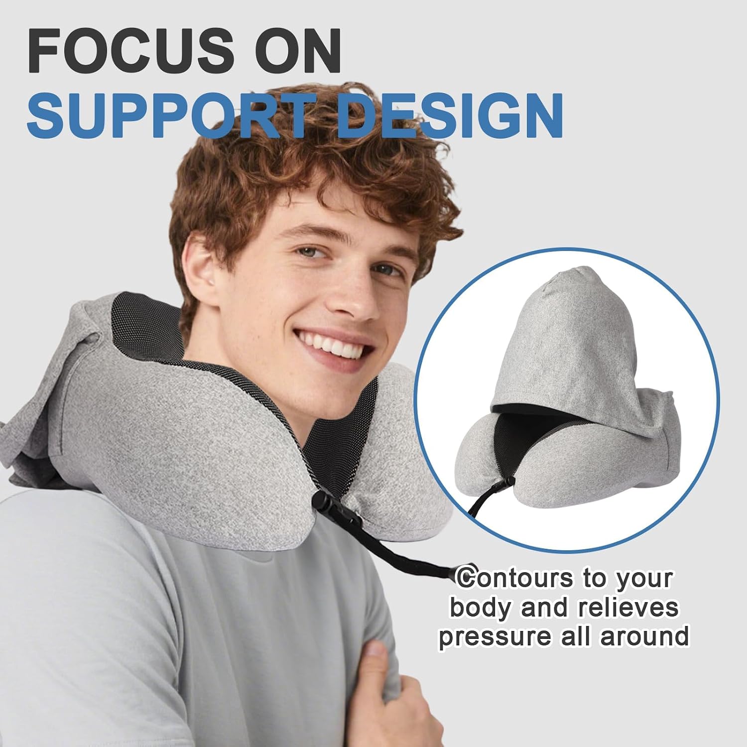 Travel Neck Pillow with 100% Light-Blocking Hood – Ergonomic Memory Foam Support Pillow for Airplane, Long Flights, Road Trips, Office…