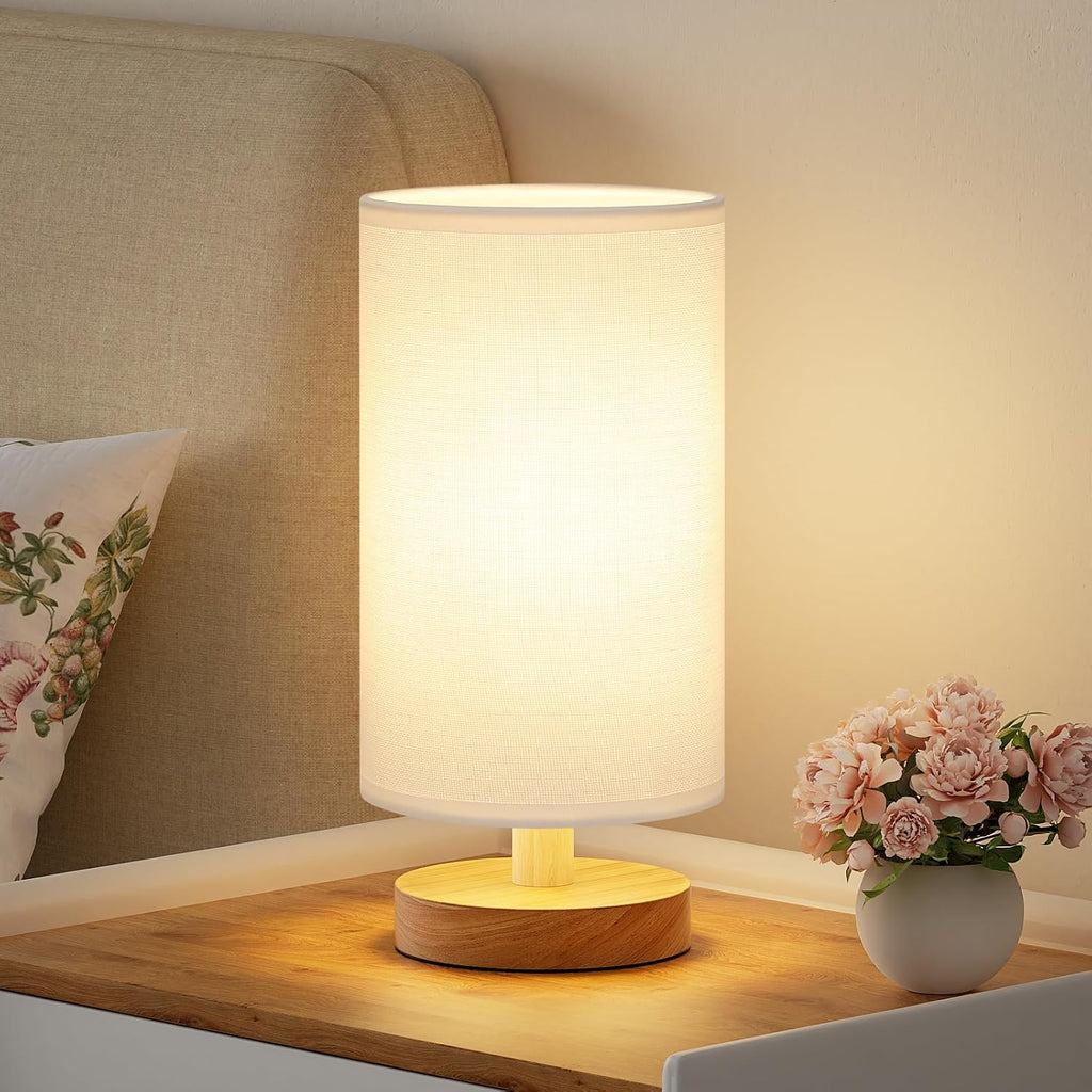 Fenmzee Small Table Lamp for Bedroom - Inline Control, Bedside Lamp with 3000K A15 LED Blub, Easy Assembly (White Shade - Wood Base, 9"…