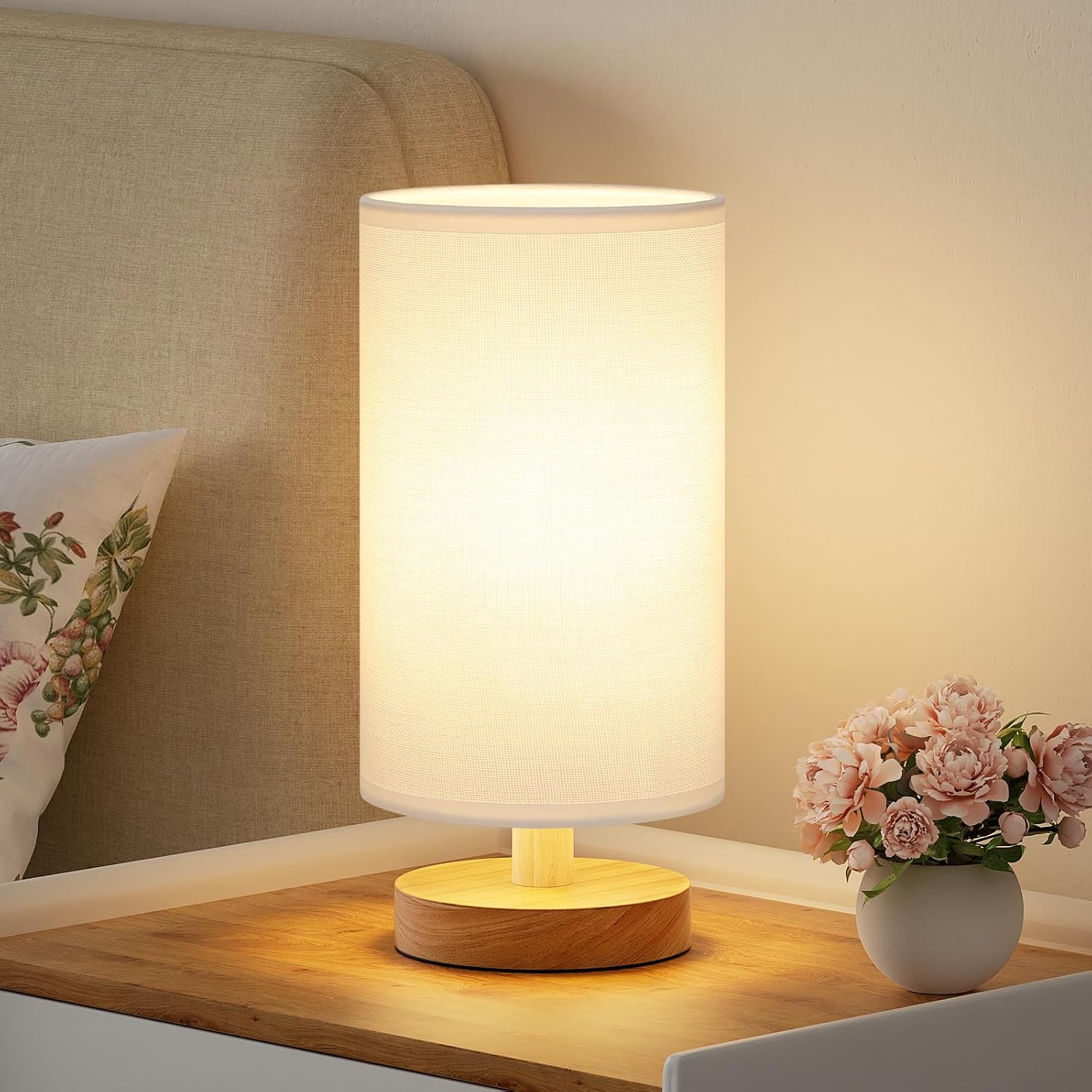 Fenmzee Small Table Lamp for Bedroom - Inline Control, Bedside Lamp with 3000K A15 LED Blub, Easy Assembly (White Shade - Wood Base, 9"…