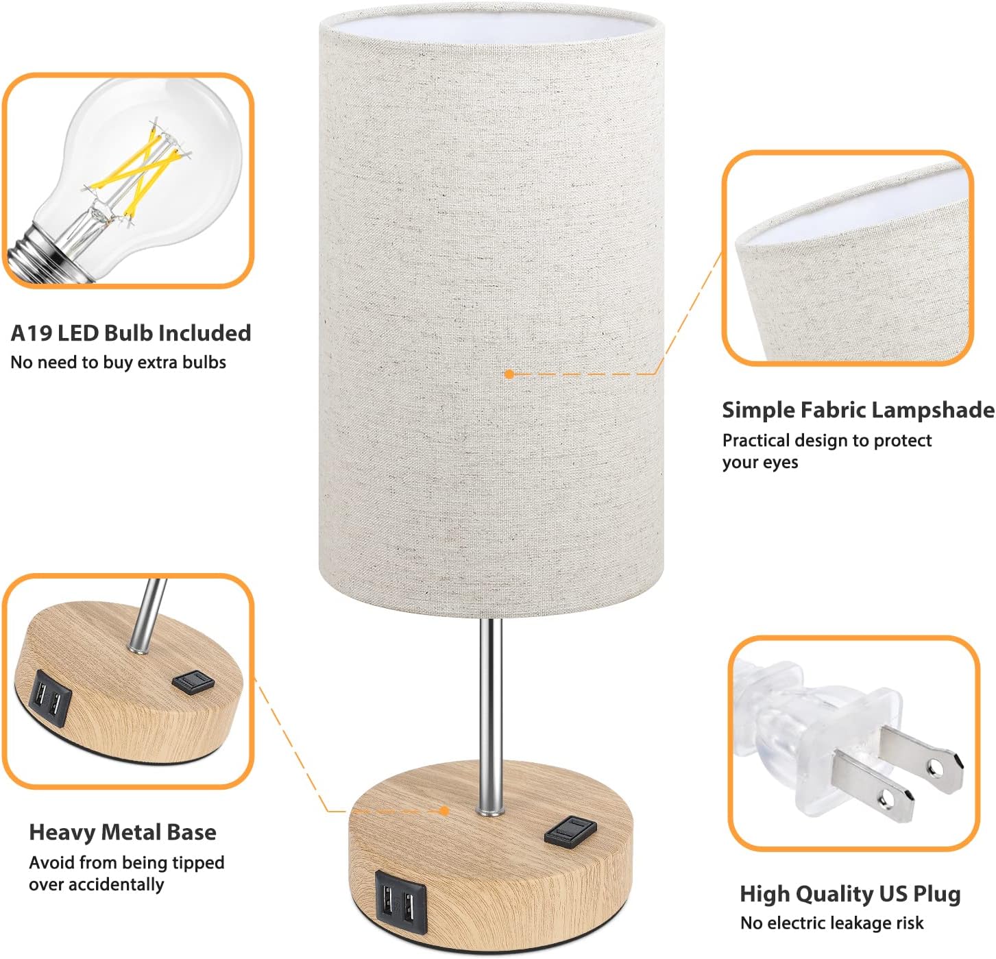 Brightever Bedside Table Lamps with 2 USB Charging Ports & AC Outlet, Set of 2 Touch Control Wooden Base Nightstand 3-Way Dimmable Lamps wi…