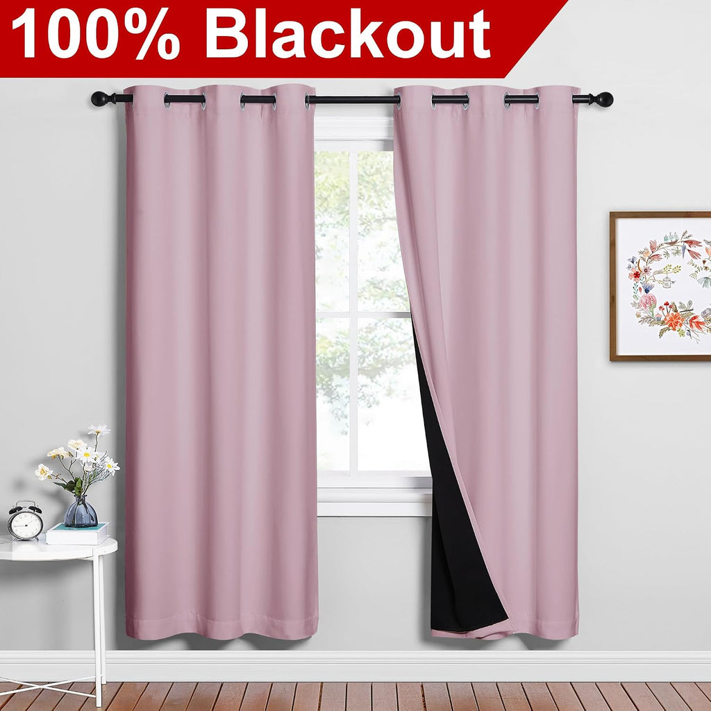 Nicetown 100% Blackout Window Curtain Panels, Baby Pink, 2 Pieces, 42-inch Wide Per Panel, Full Light Blocking Drapes with Black Liner for…