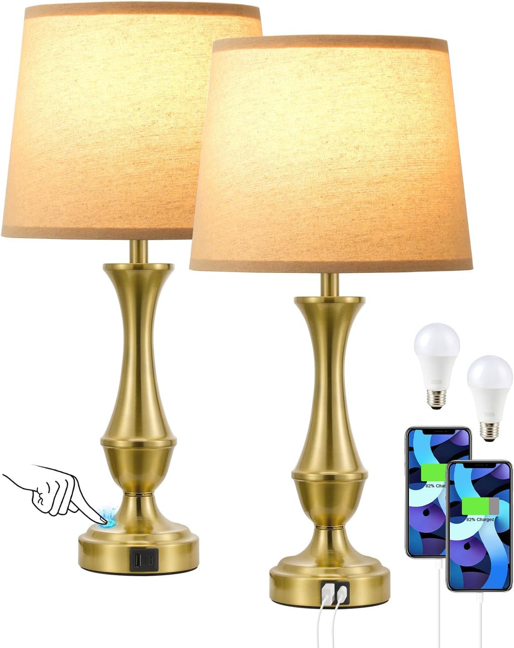 Seealle Upgraded Touch Lamps for Night Stands Set of 2 - Bedside Lamps with USB C+A, 3 Way Dimmable for Bedroom Living Room End Tables…