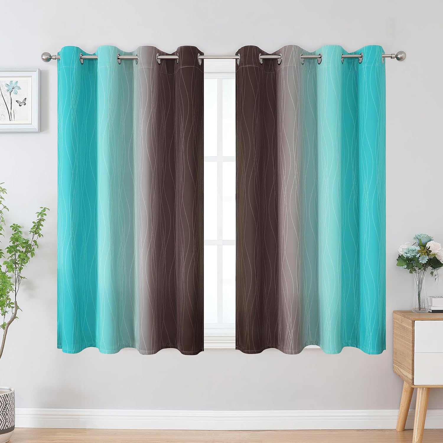 Estelartextiler Estelar Textiler Teal and Brown Blackout Curtains 54 Inch Length, Light Blocking Gradient Grommet Drapes for Living Room, T…