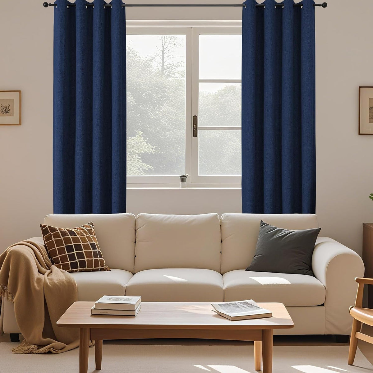 Cucraf 100% Blackout Curtains 90 inches Length 2 Panels Set, Room Darkening Linen Textured Curtain Grommet for Bedroom Living Room, Light B…