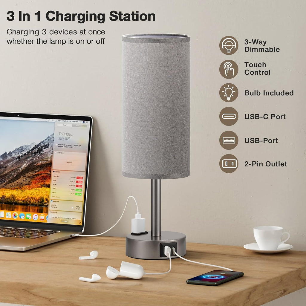 Fenmzee Grey Bedside Table Lamp for Bedroom - 3 Way Dimmable Touch Lamp USB C Charging Ports and AC Outlet, Small Lamp for Living Room…
